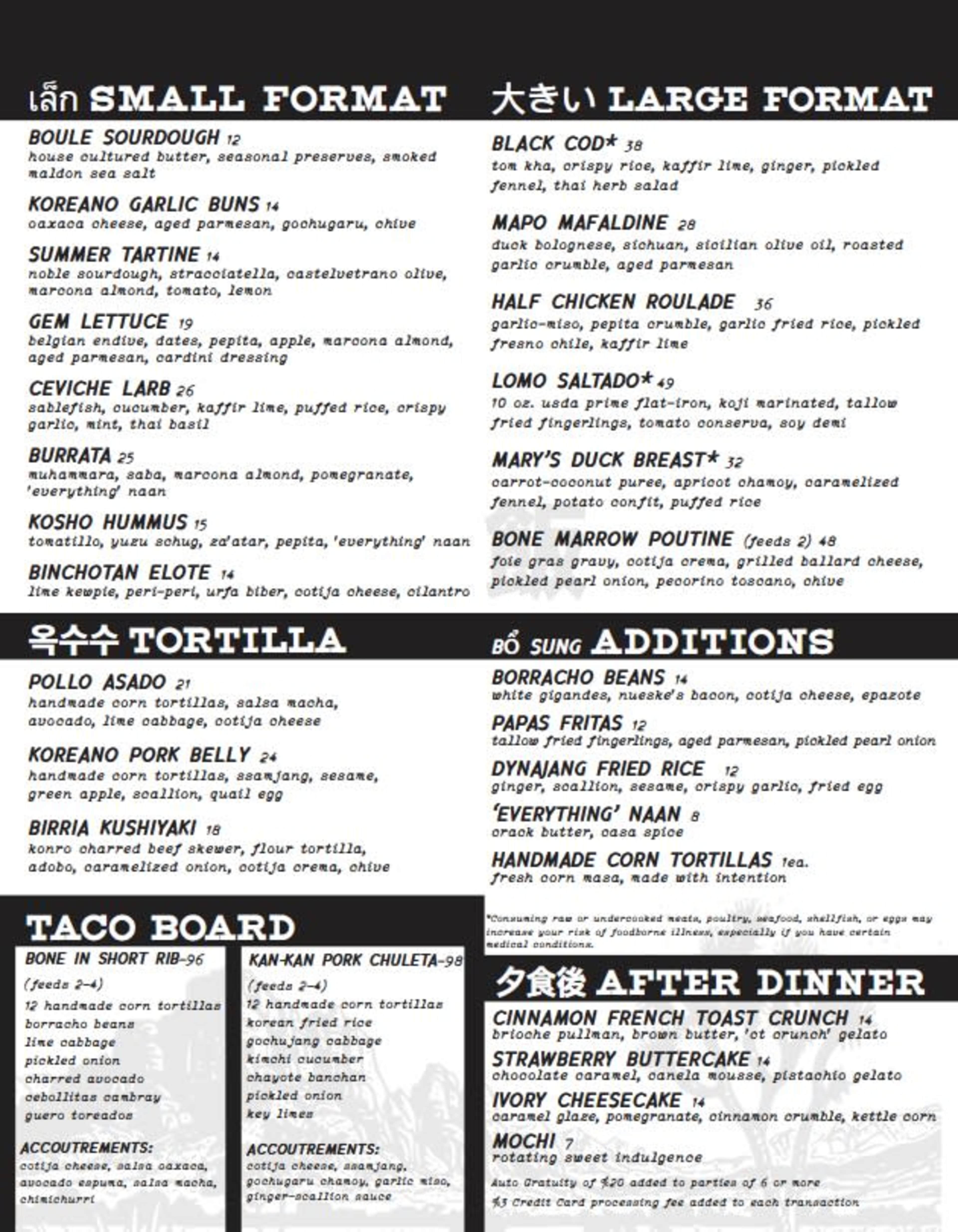 Menu offerings
