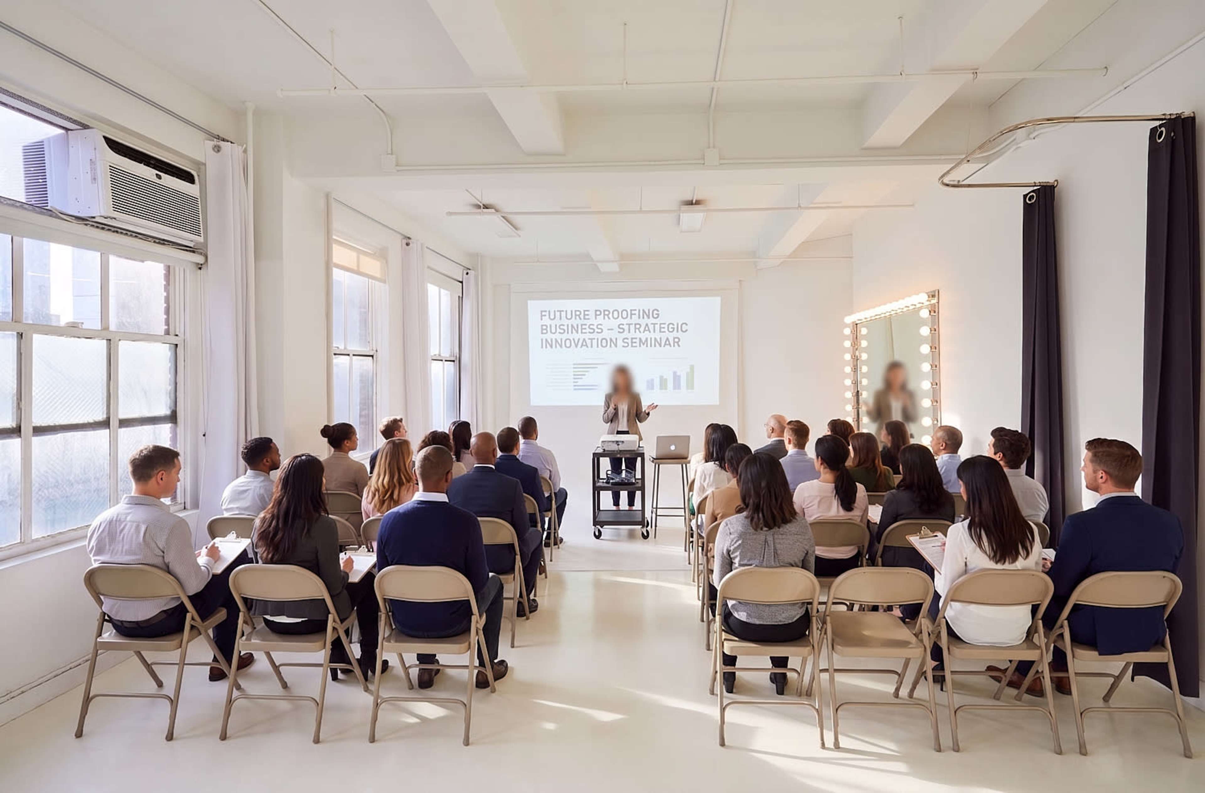 A speaker presents in front of a seated audience during a business seminar in a well-lit room.