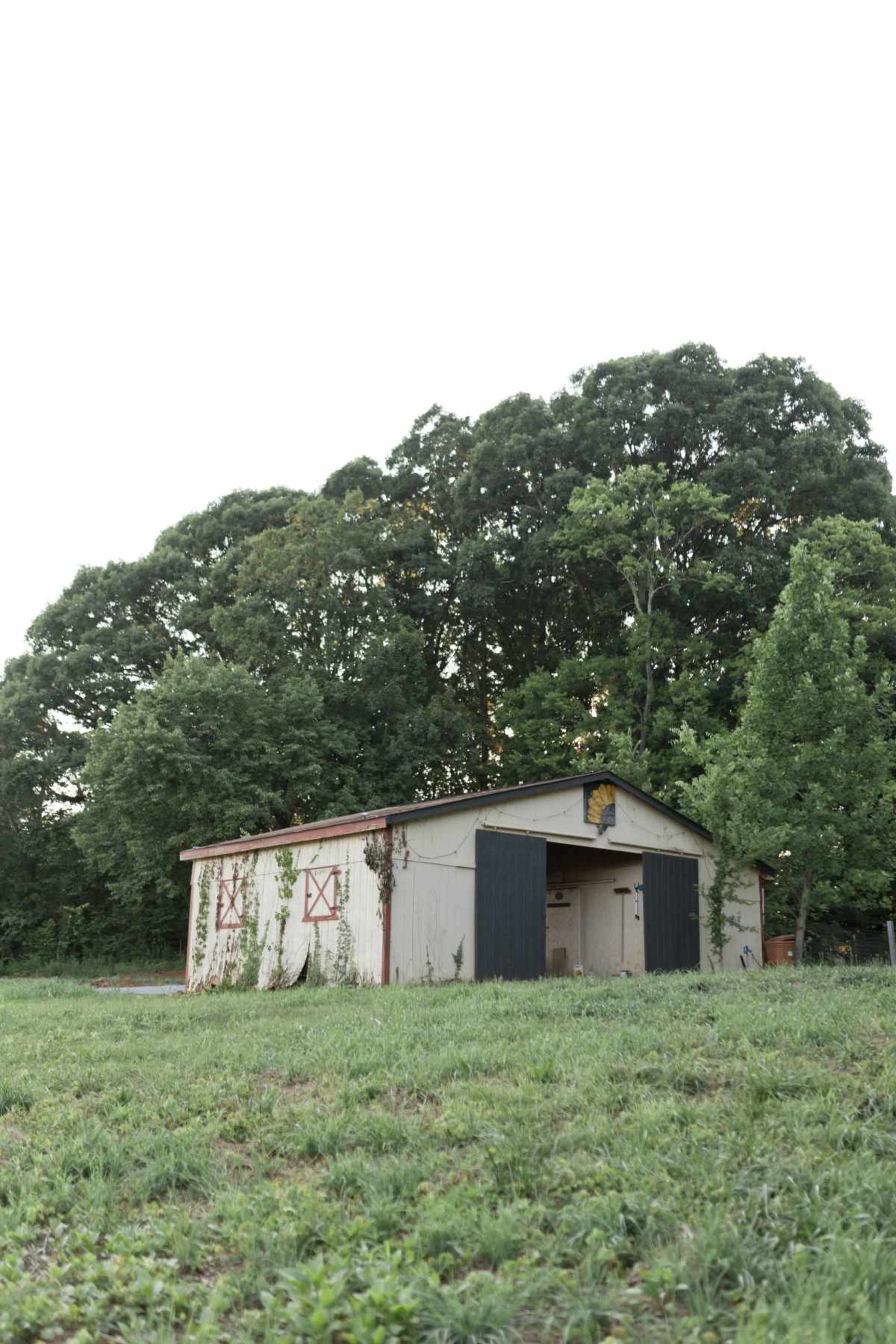 A wooden barn with black doors and red accents stands on a grassy field, surrounded by trees.