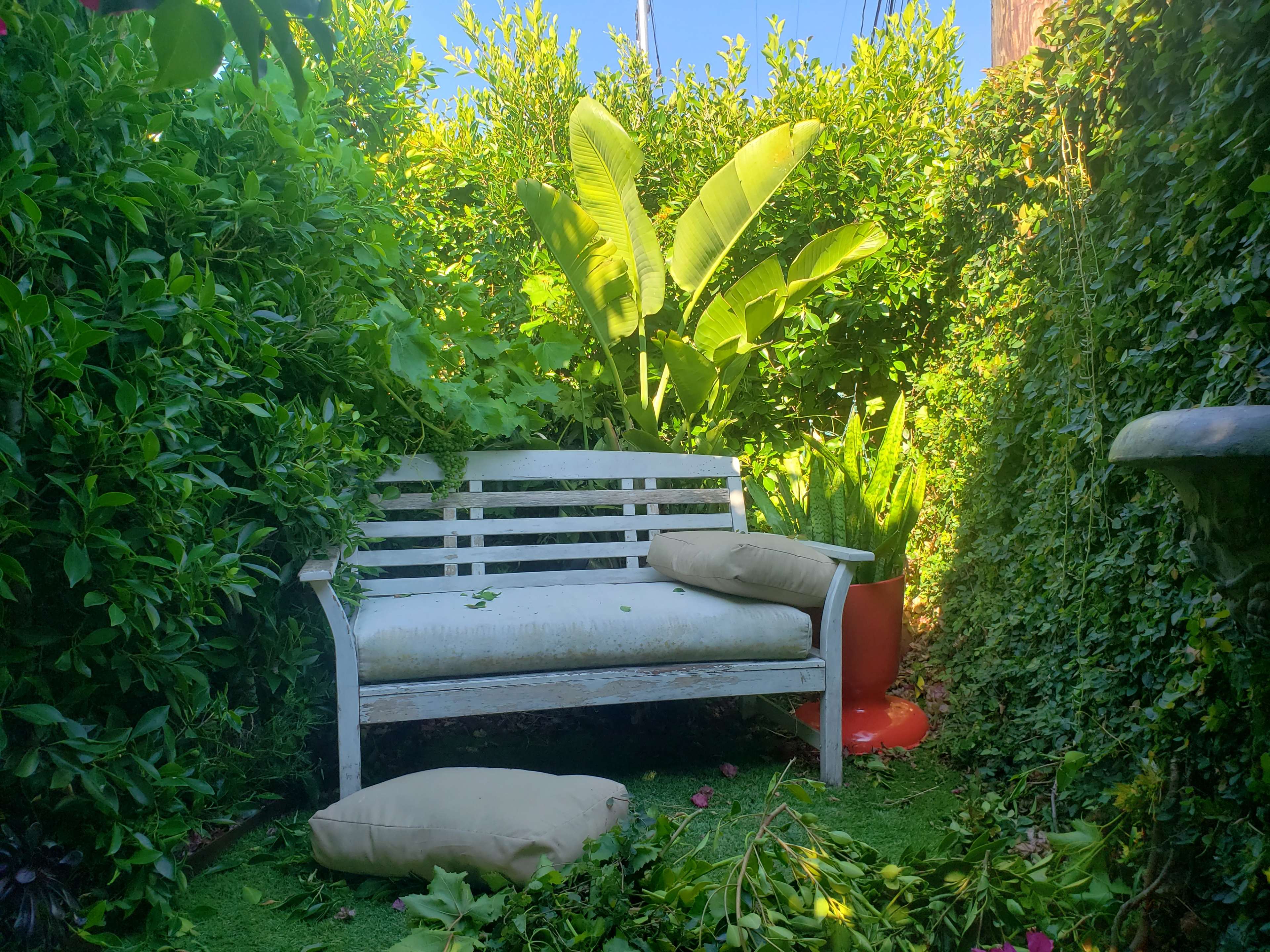 A white bench with two cushions sits amidst lush greenery and potted plants in a secluded garden area.