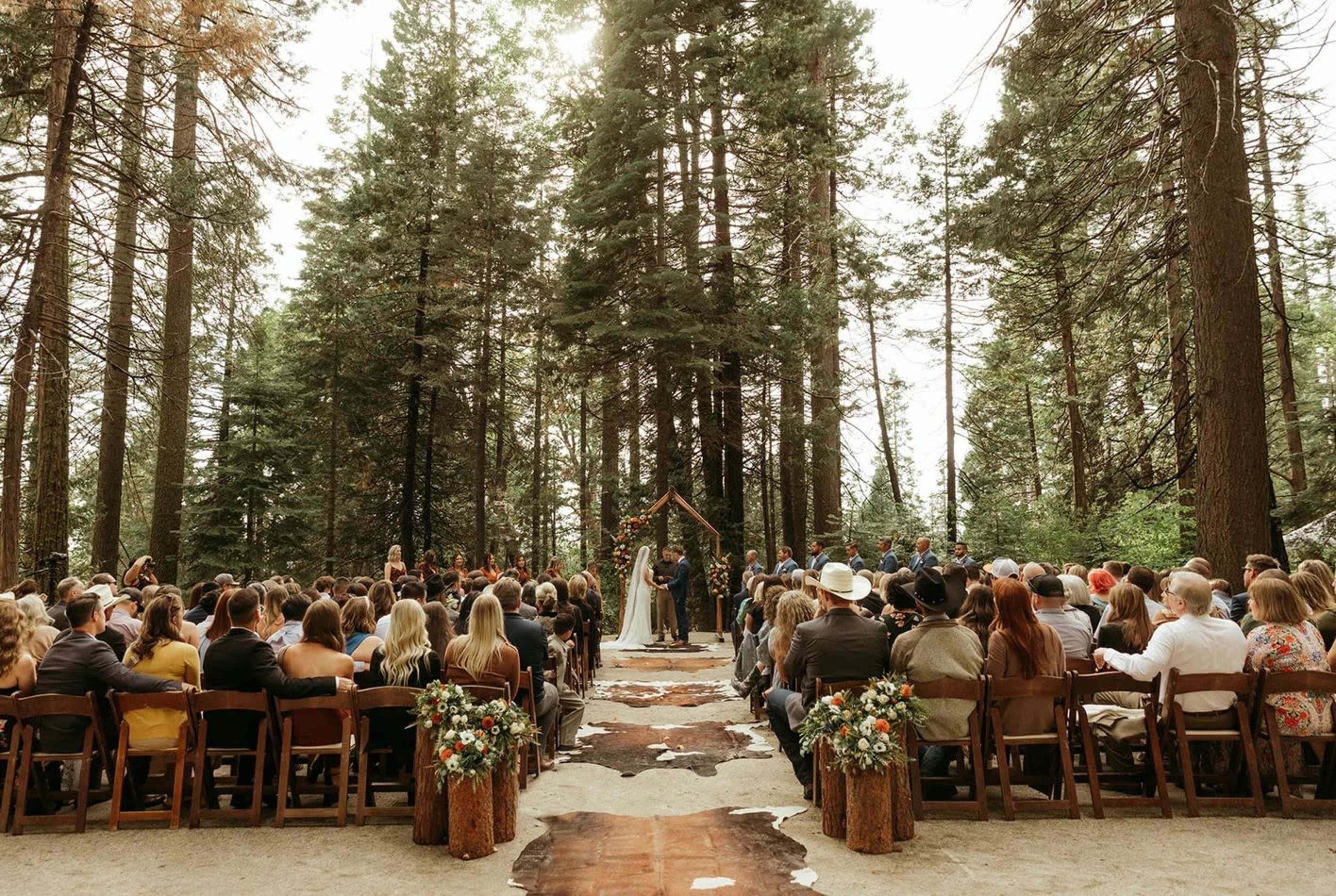 A couple stands at an altar made of branches, surrounded by guests seated in rows on a forested pathway.