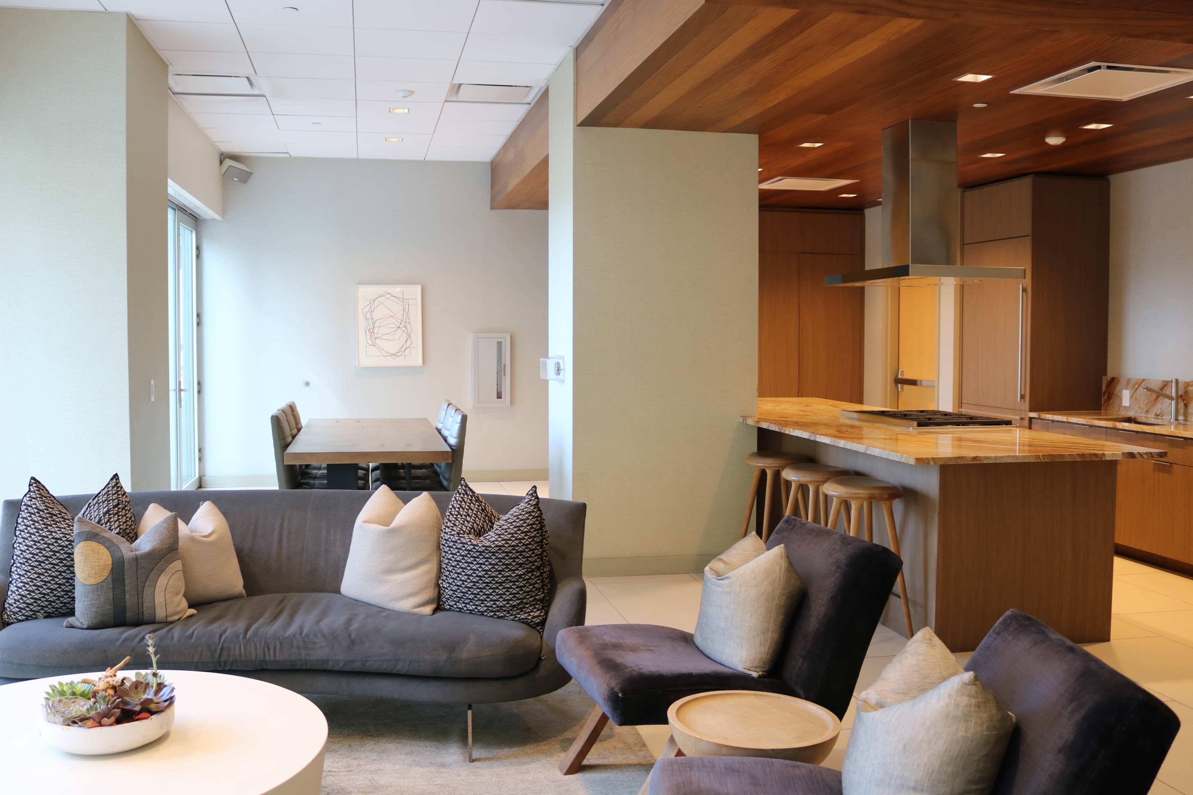 A modern open-concept living area featuring a sofa with decorative pillows, a dining table, and a kitchen with wooden cabinetry.
