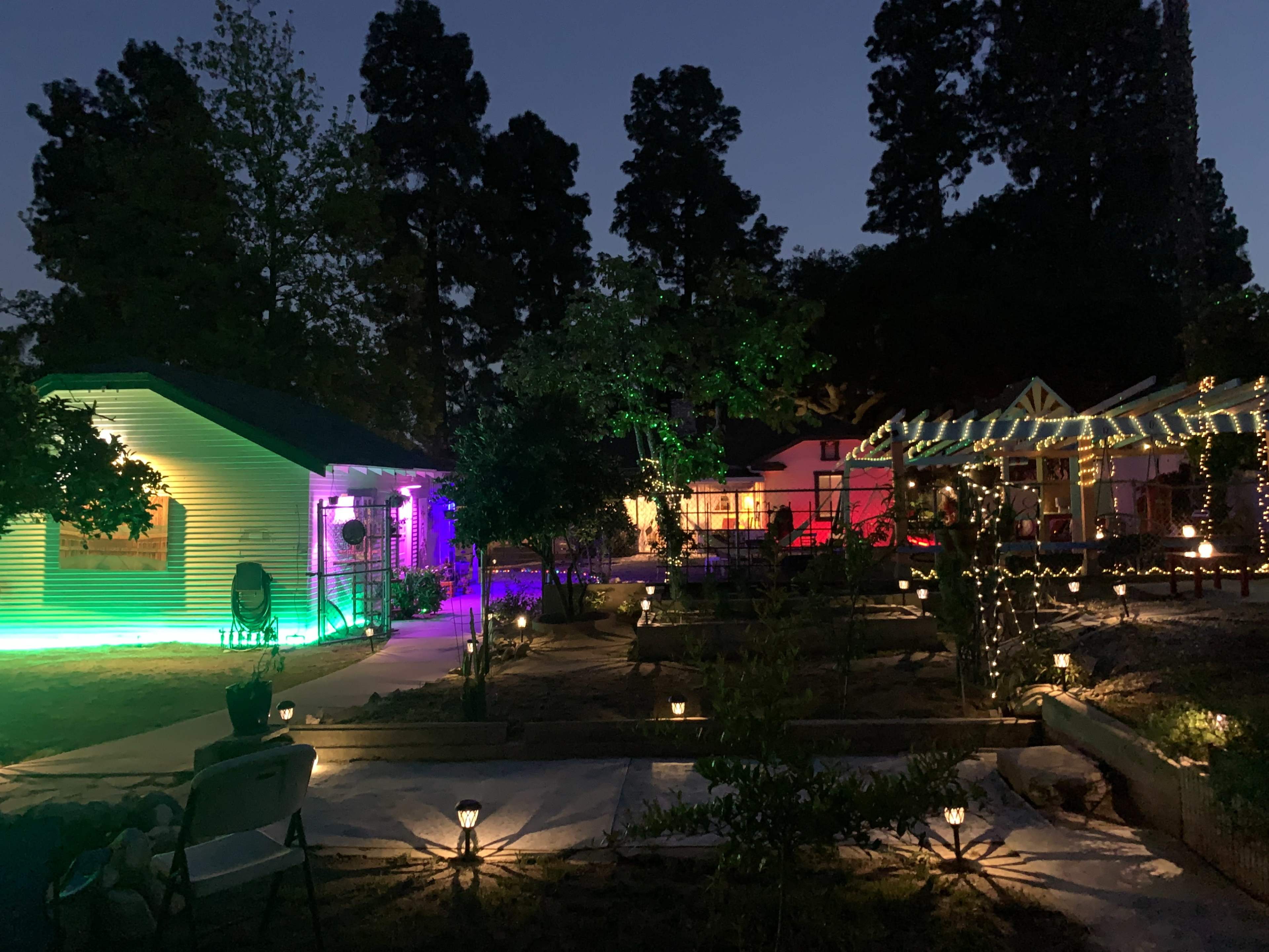 A courtyard with two brightly lit buildings, surrounded by landscaped paths and illuminated by various lights under a night sky.