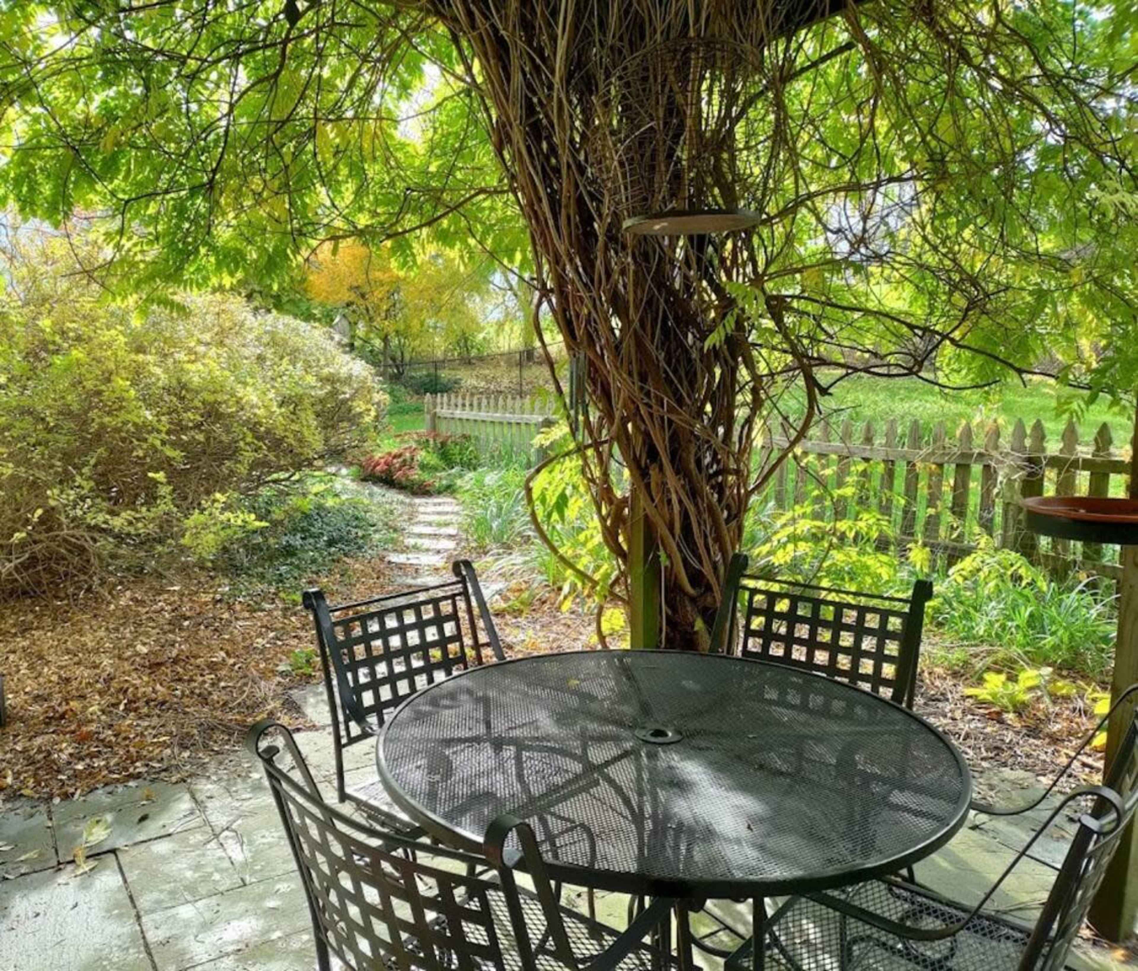 A table and chairs are set beneath a vine-covered structure, with a garden path and lush greenery visible in the background.