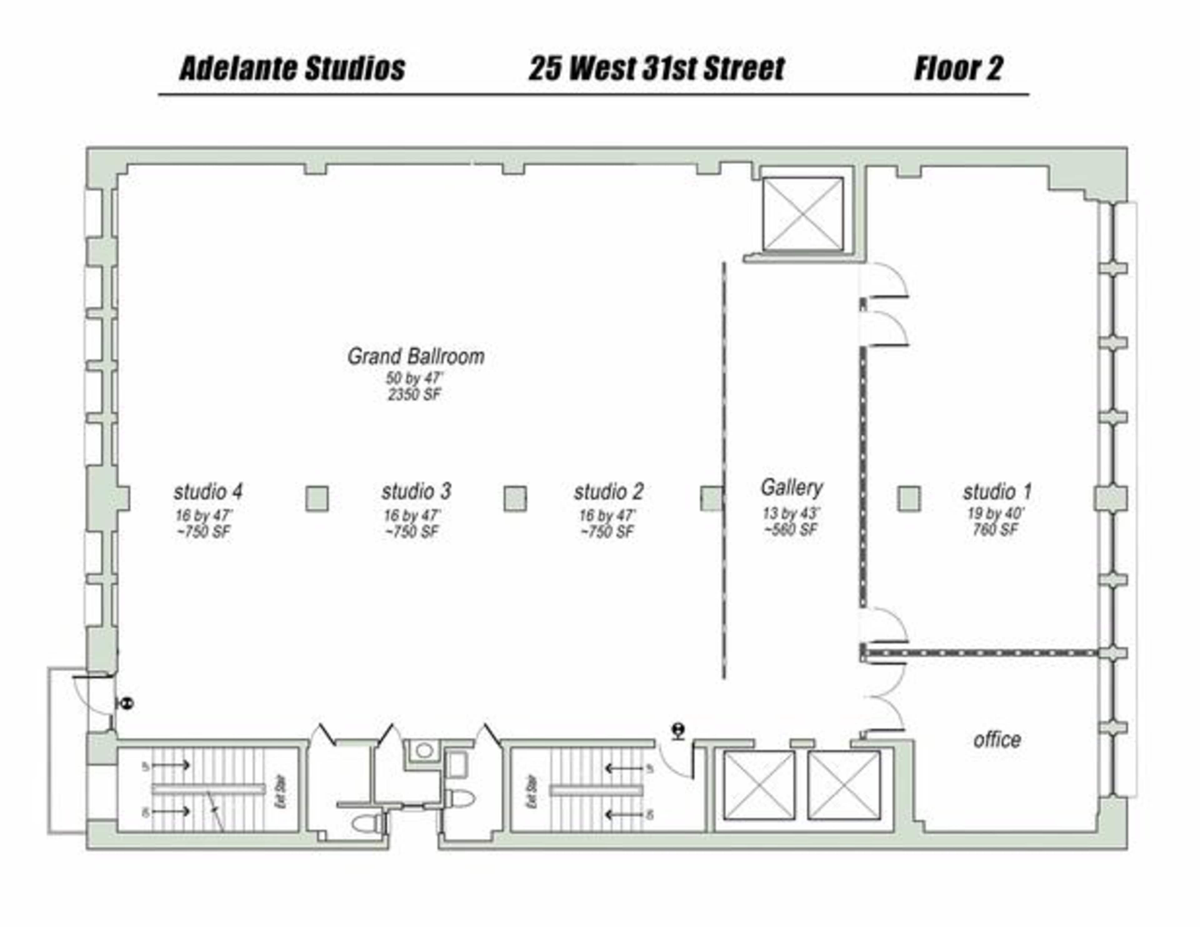 A floor plan of Adelante Studios located on the second floor of 25 West 31st Street, displaying the layout of the Grand Ballroom, various studio spaces, a gallery, and an office.