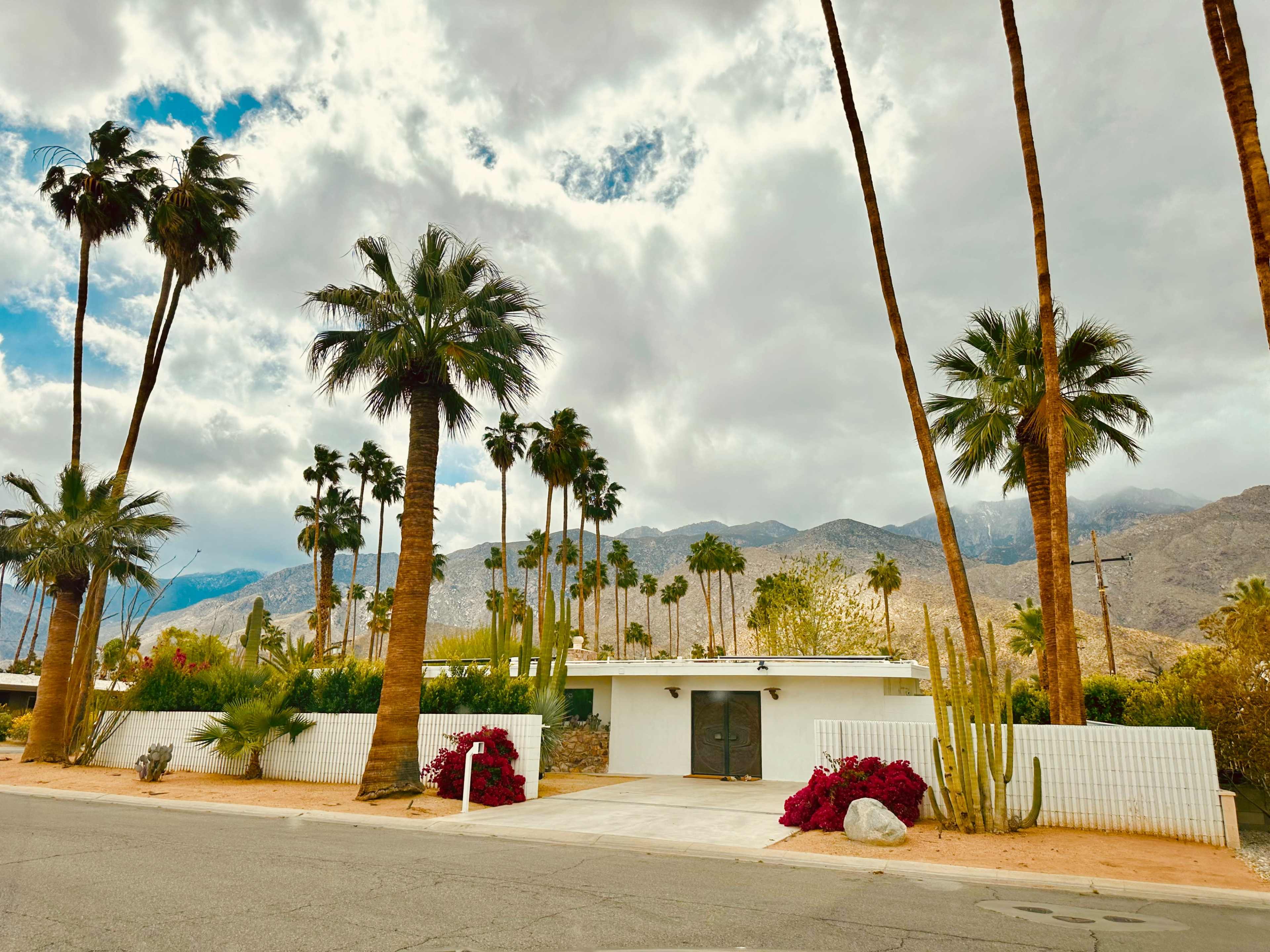 A single-story white house with a flat roof is surrounded by palm trees and colorful blooming plants, set against a backdrop of mountains under a cloudy sky.