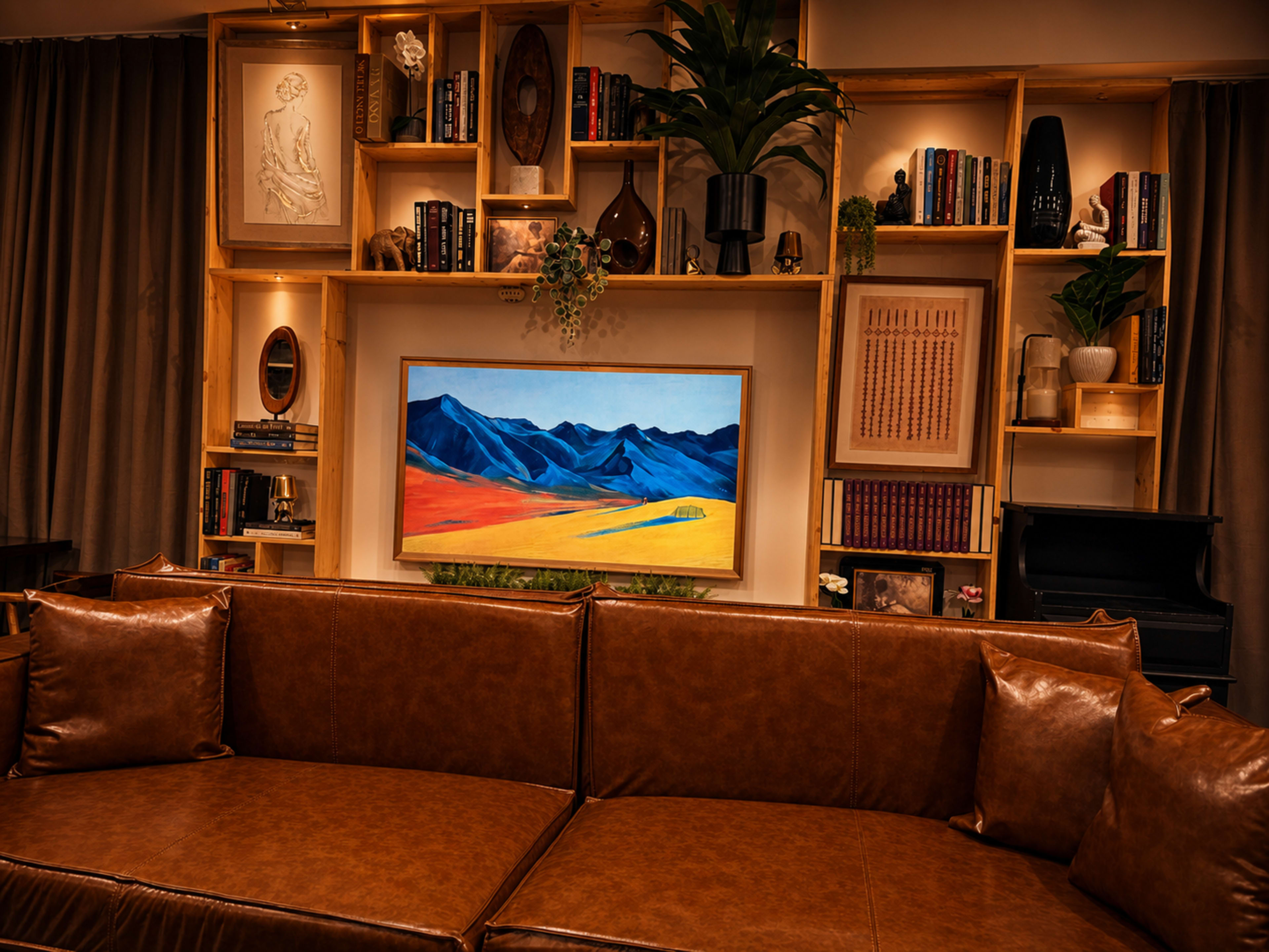The image shows a cozy living room with a brown leather sofa facing a wooden shelving unit filled with books and decorative items, and a colorful landscape painting hanging on the wall.