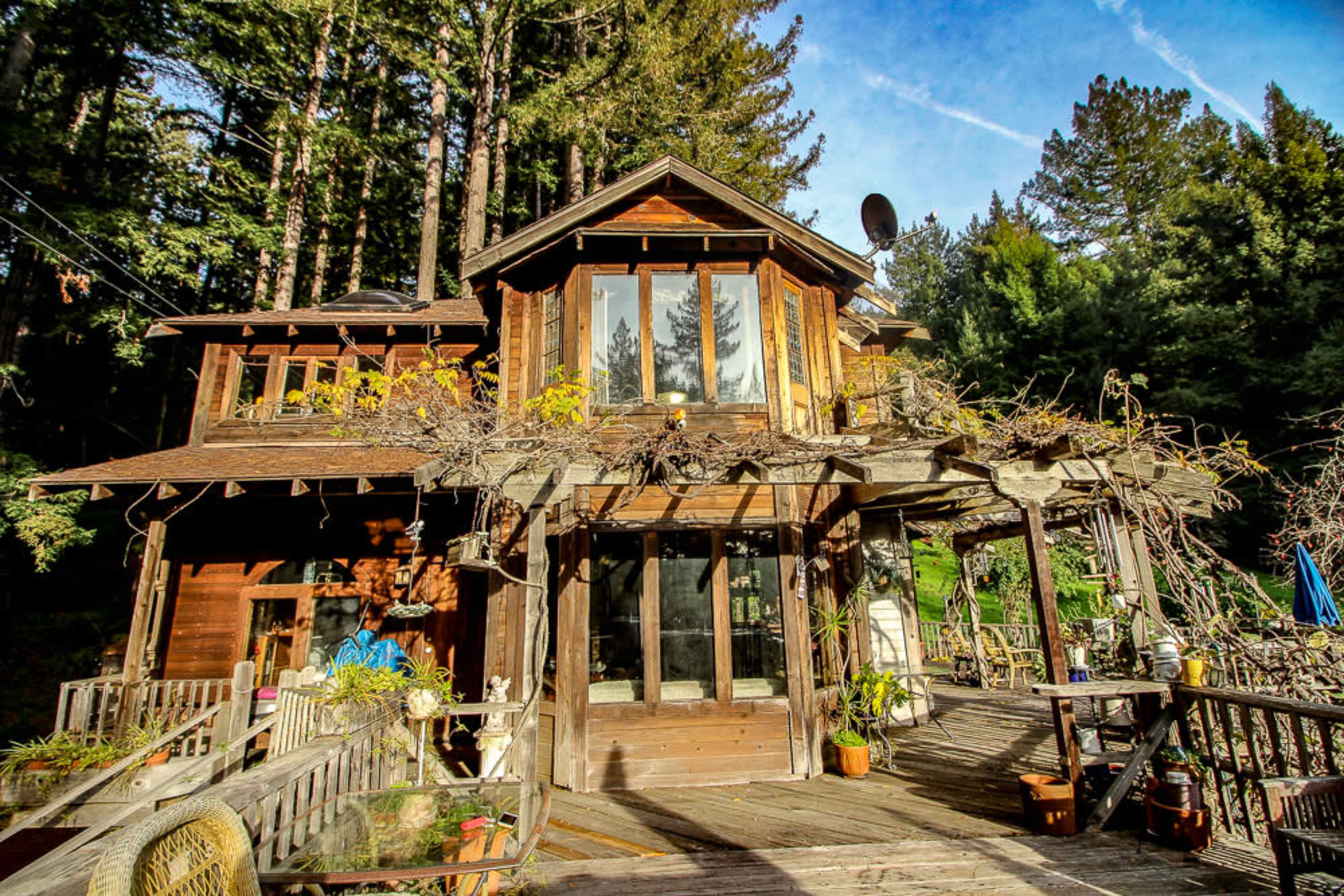 A wooden house with multiple levels and large windows is surrounded by tall trees and greenery.
