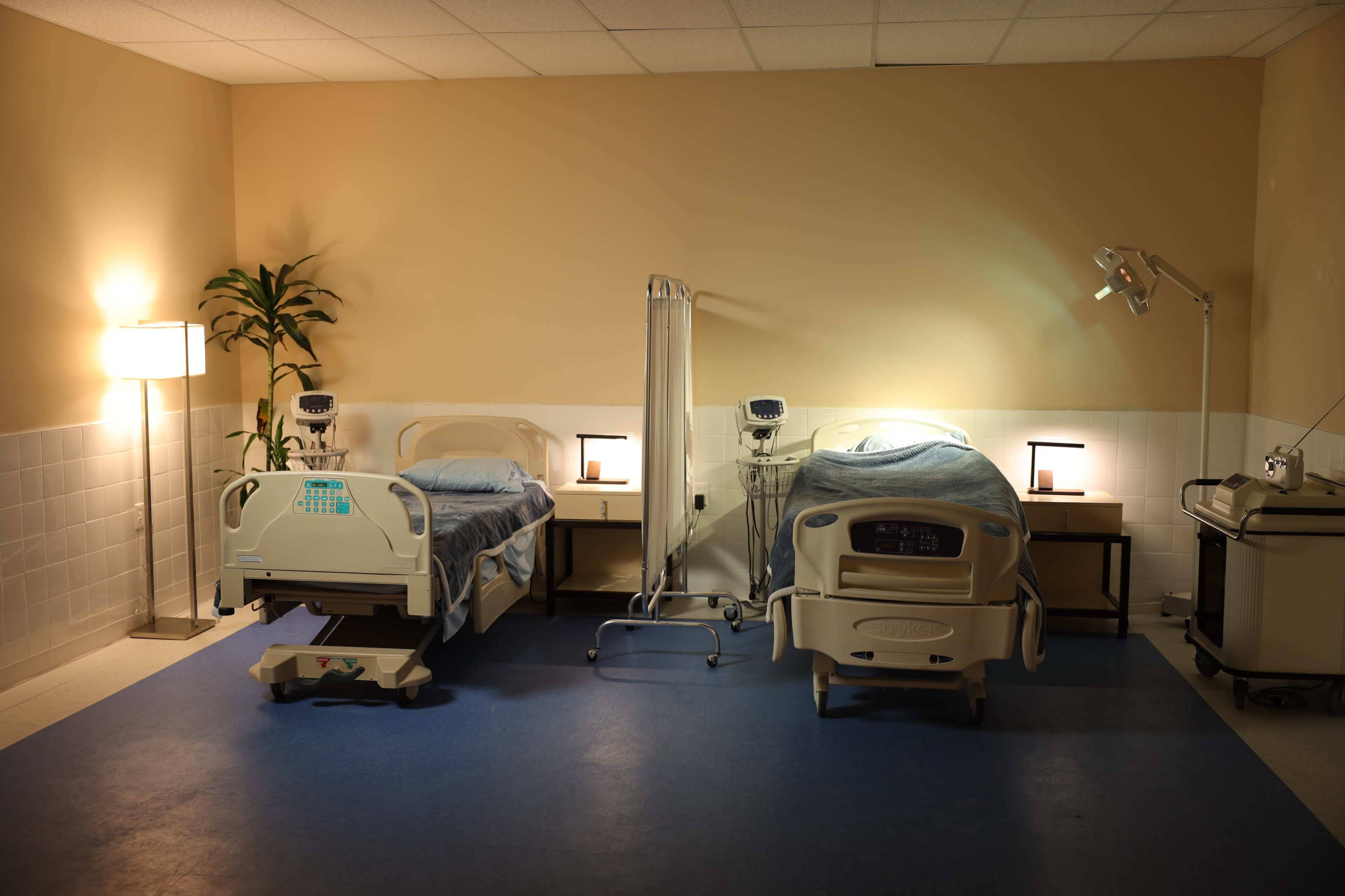 The image shows a hospital room with two beds, a lamp, medical equipment, and a plant against the wall.