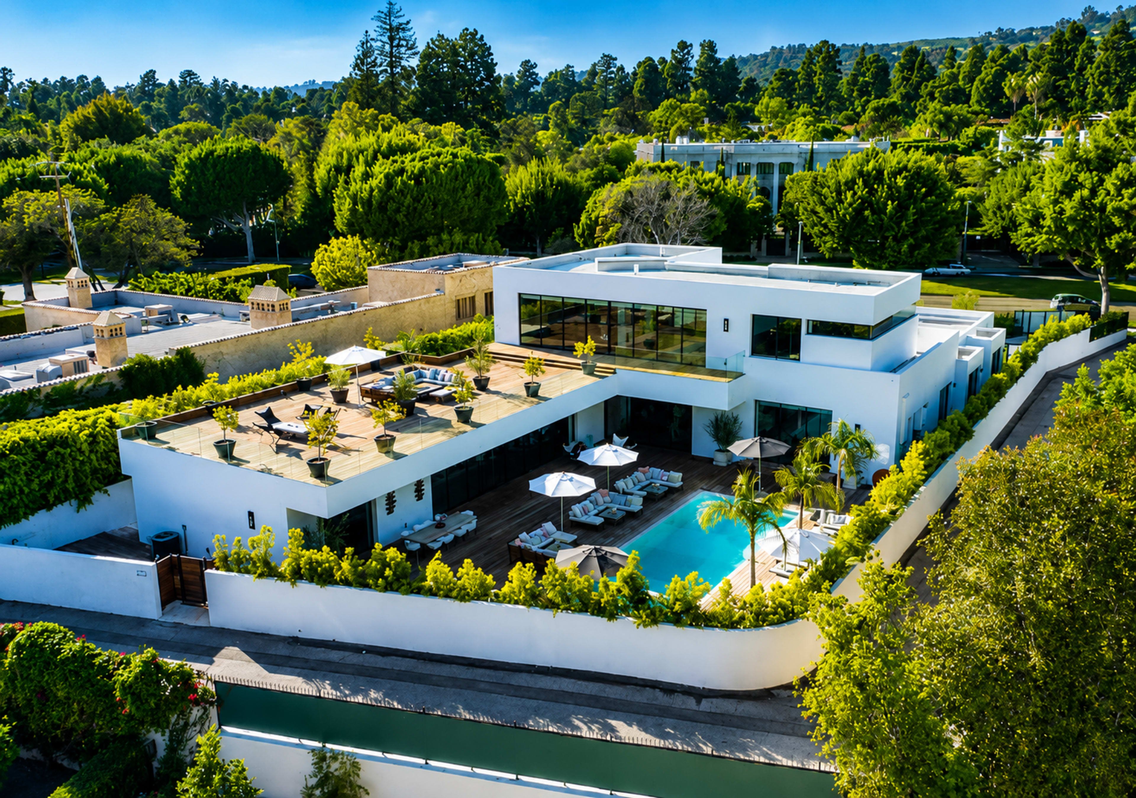 The image shows a modern house with a flat roof surrounded by greenery, featuring an outdoor pool and multiple lounge areas.