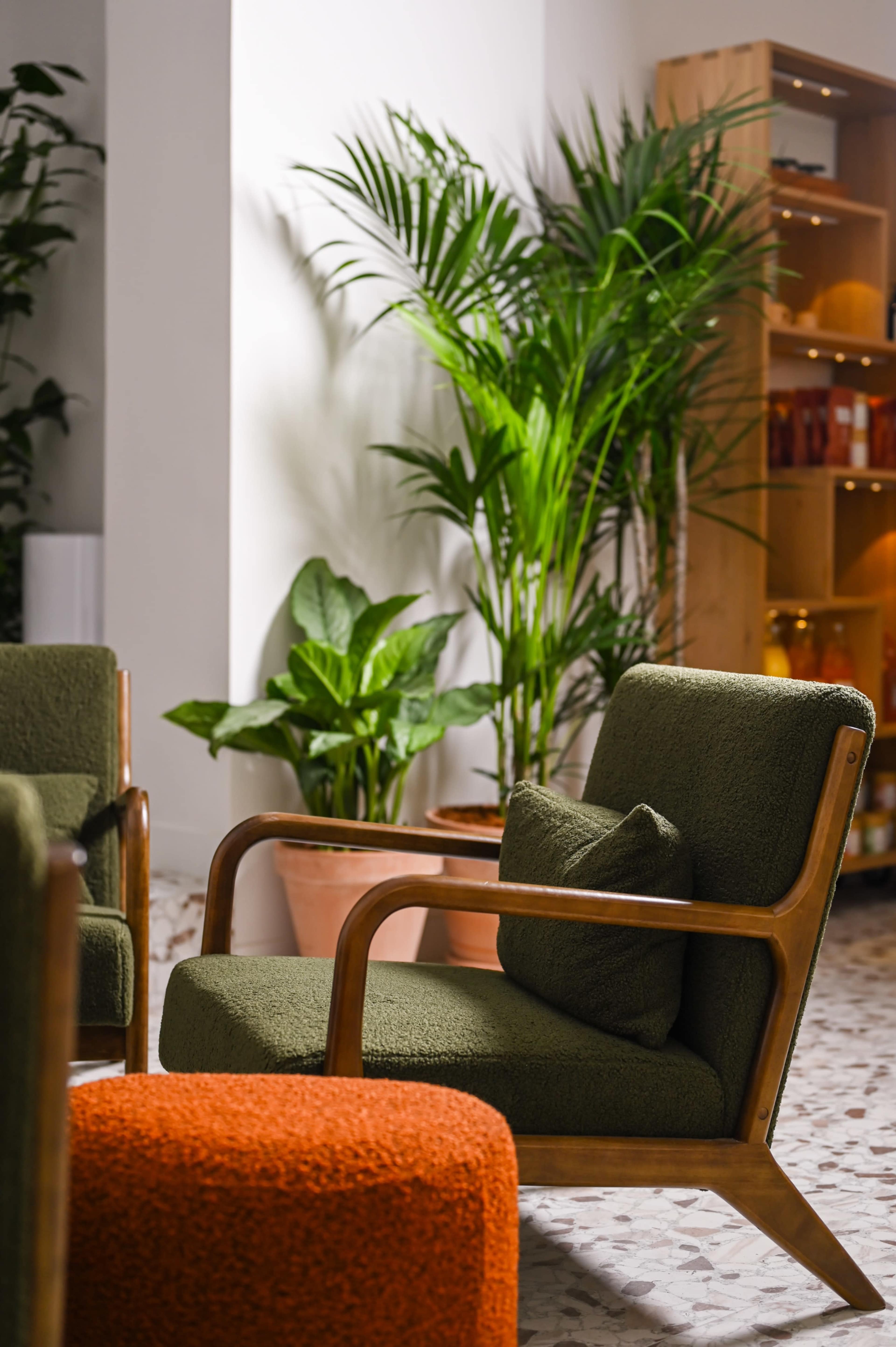 The image features two green armchairs with wooden frames positioned near a variety of potted plants in a well-lit interior setting.