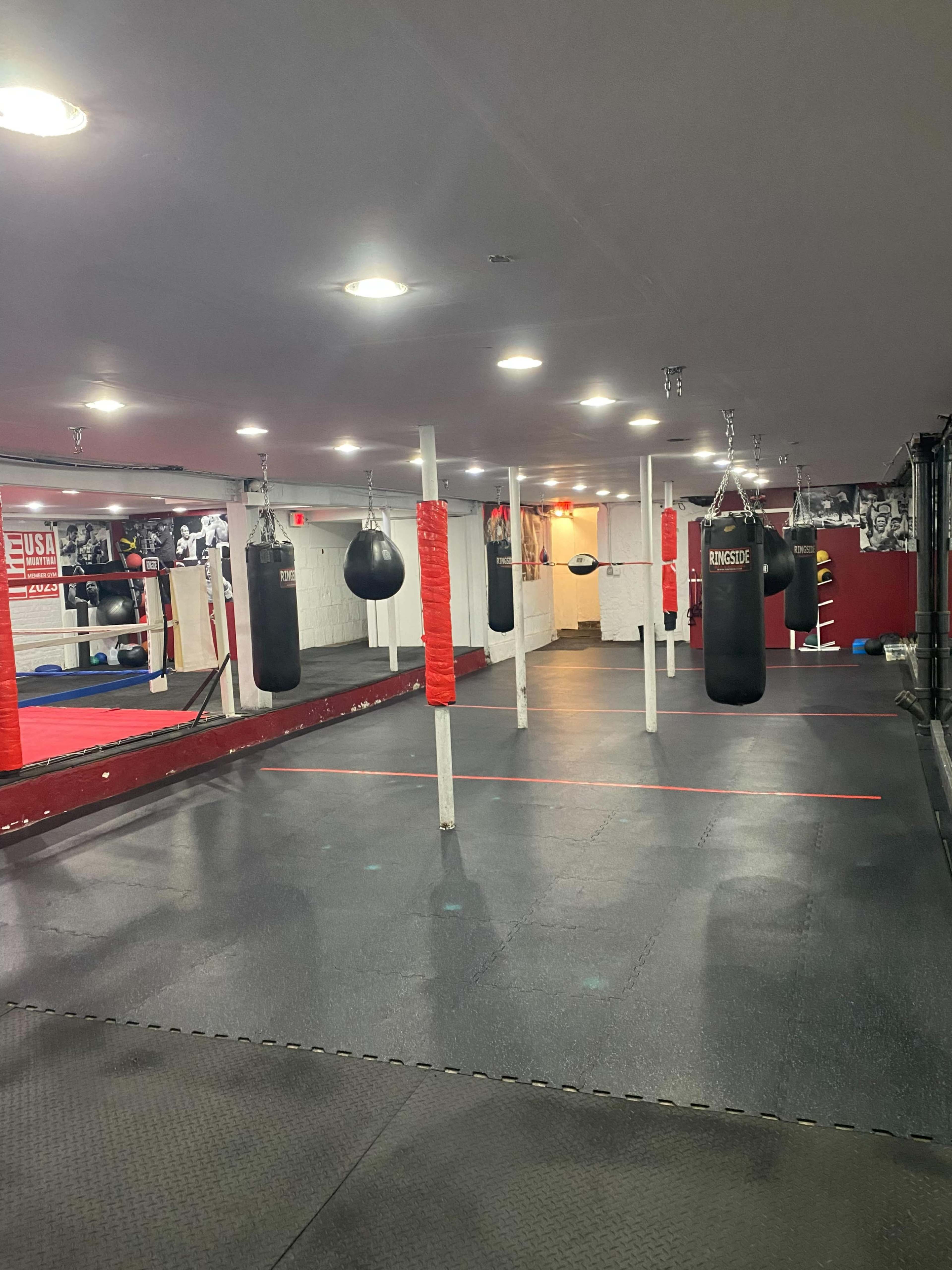 A boxing gym featuring several hanging heavy bags, a red training area, and bright overhead lights.