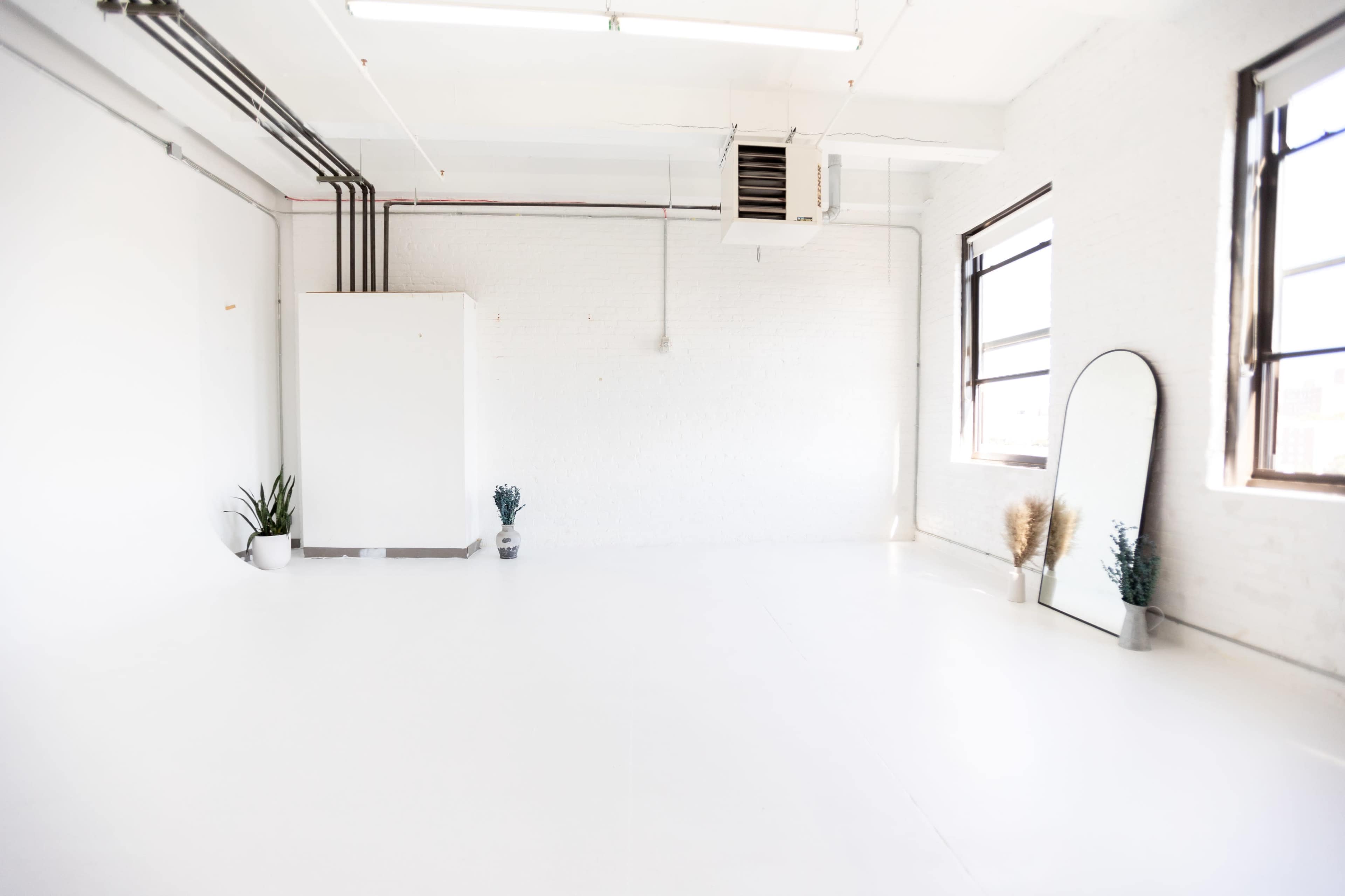 A spacious, white room with large windows, a mirror, and a few decorative plants.