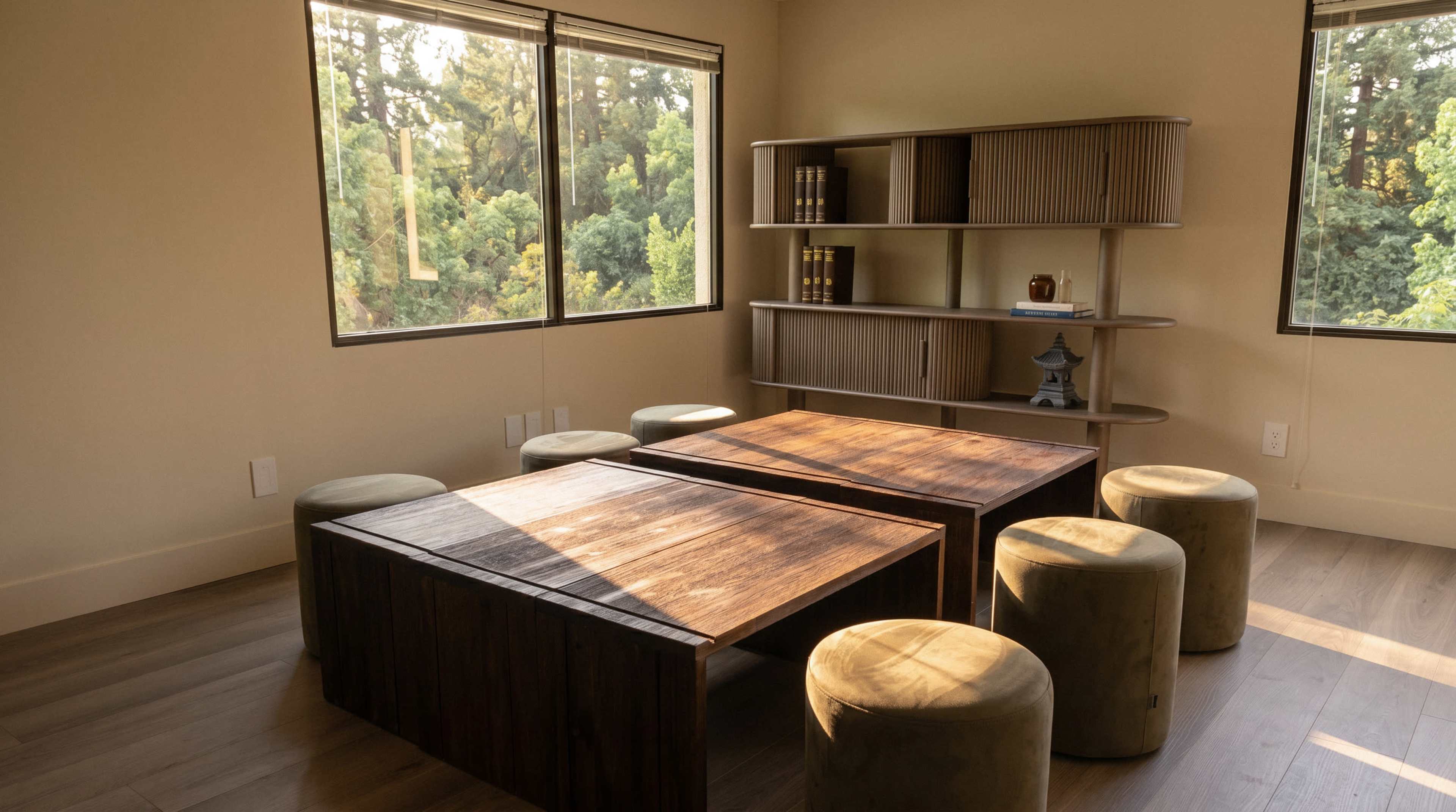 The image shows a minimalist room with two wooden tables, cylindrical stools, and large windows overlooking a green landscape.