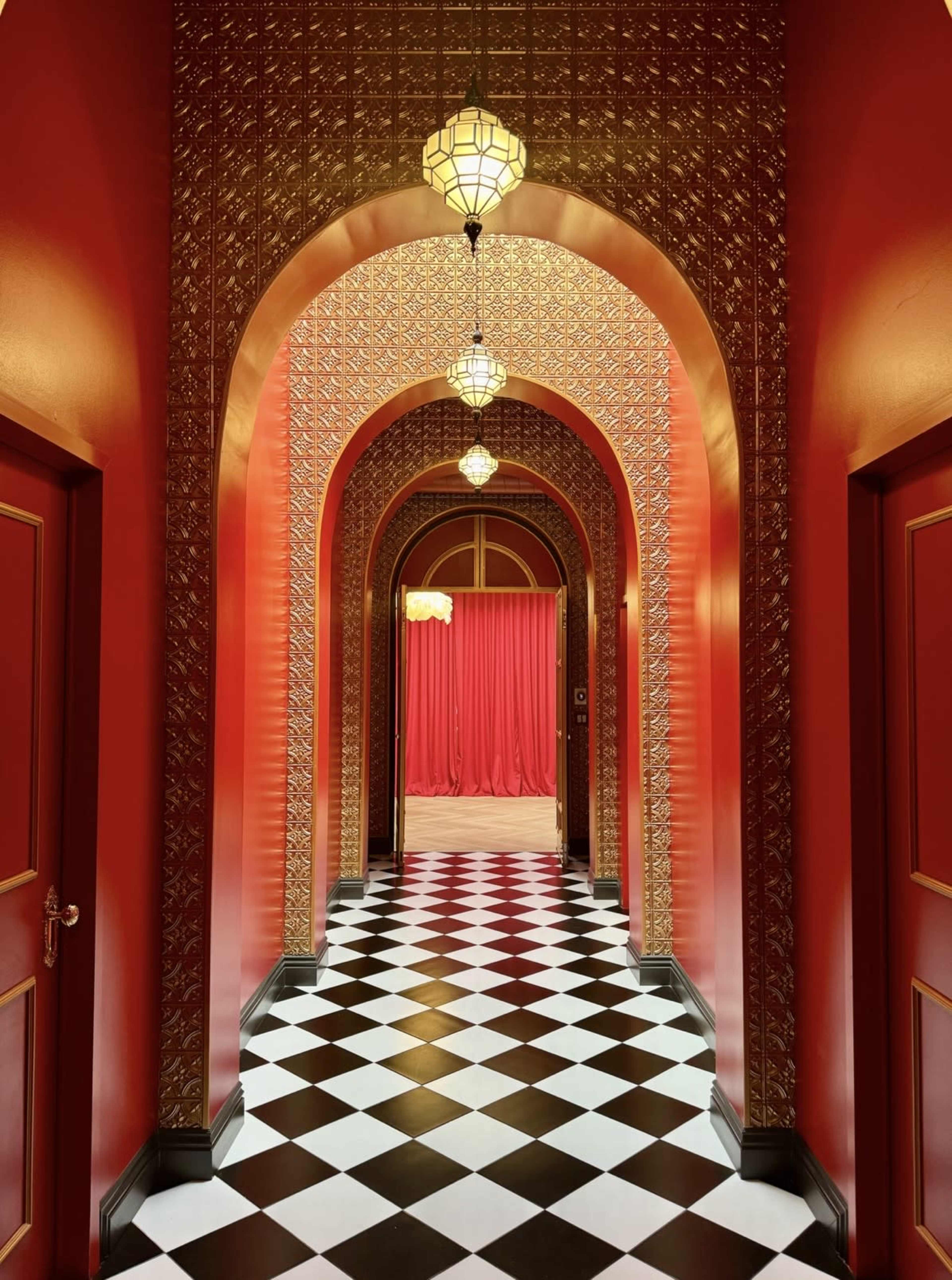 A hallway with red walls and ornate arches, featuring a checkered black-and-white floor and a curtain at the end.