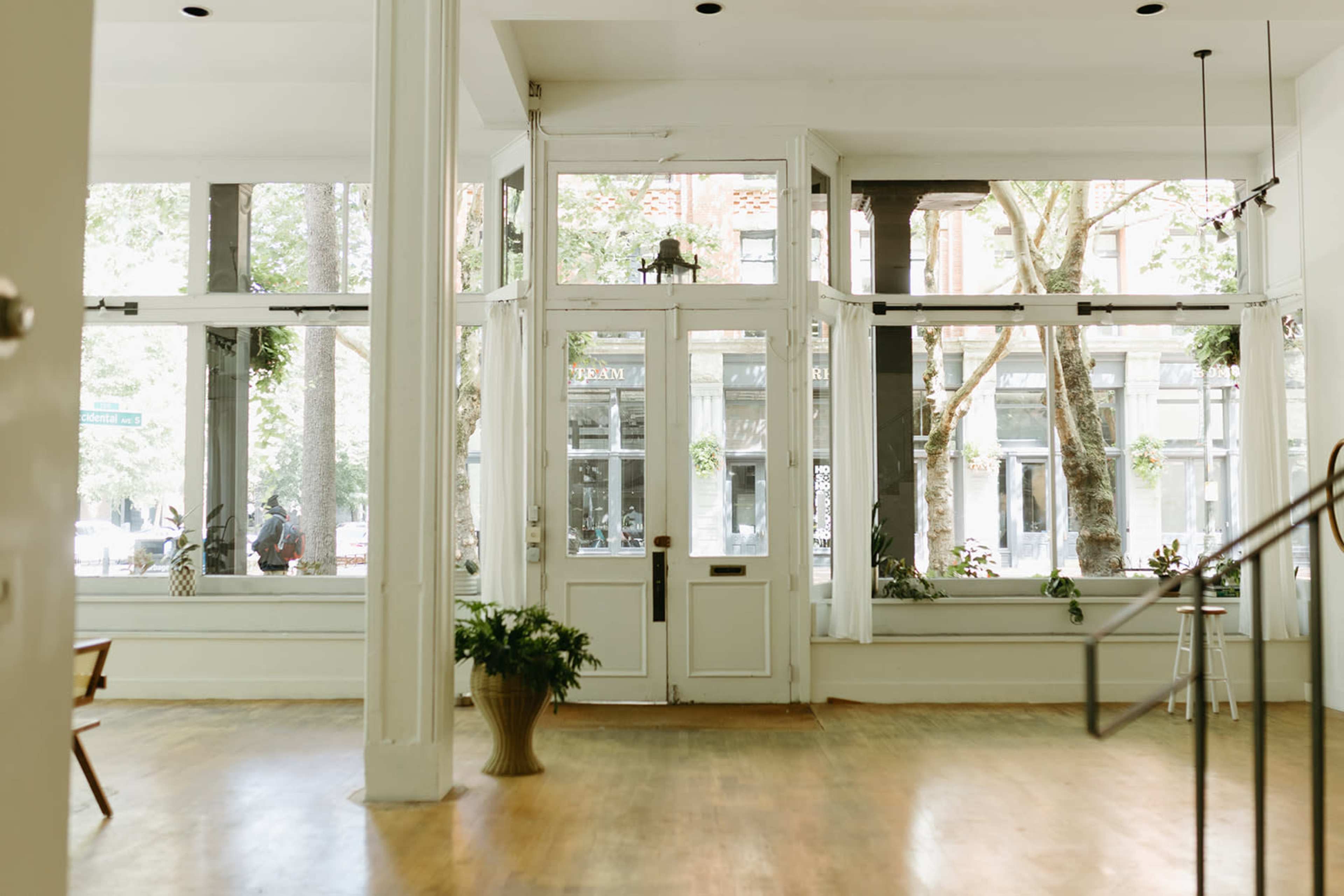 The image shows a bright and airy interior space with large windows allowing natural light to flood in, showcasing a blend of wooden flooring and potted plants.
