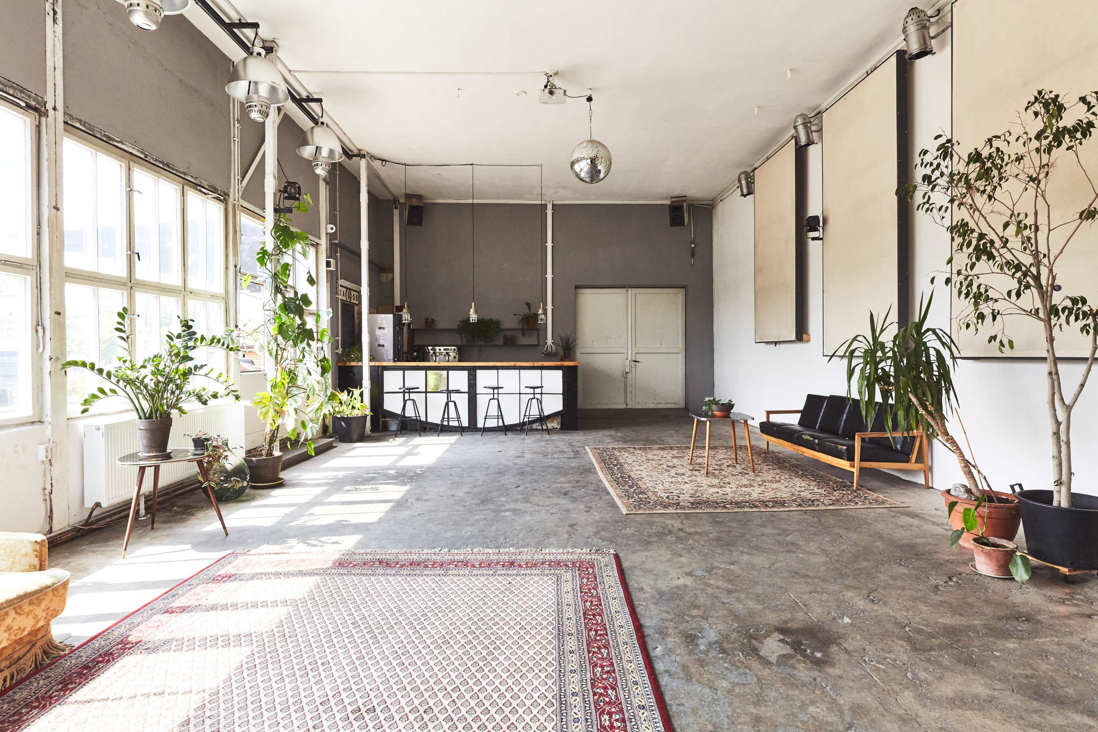 A spacious, minimalist room features large windows, potted plants, a small bar area, and a seating arrangement with a rug on a concrete floor.