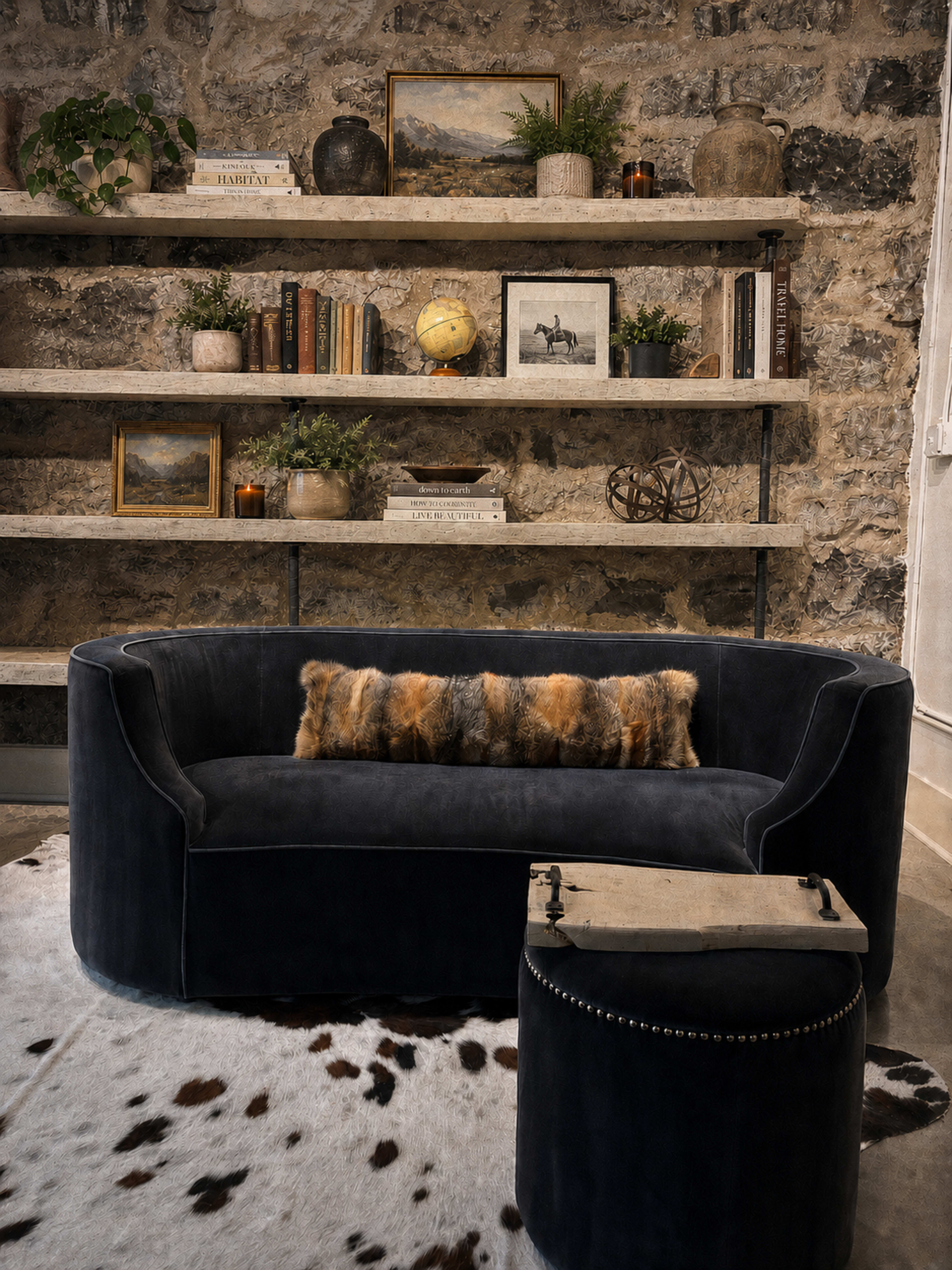 A dark curved sofa and a round wooden table are positioned on a cowhide rug in front of a stone wall with shelves displaying books, plants, and decorative items.