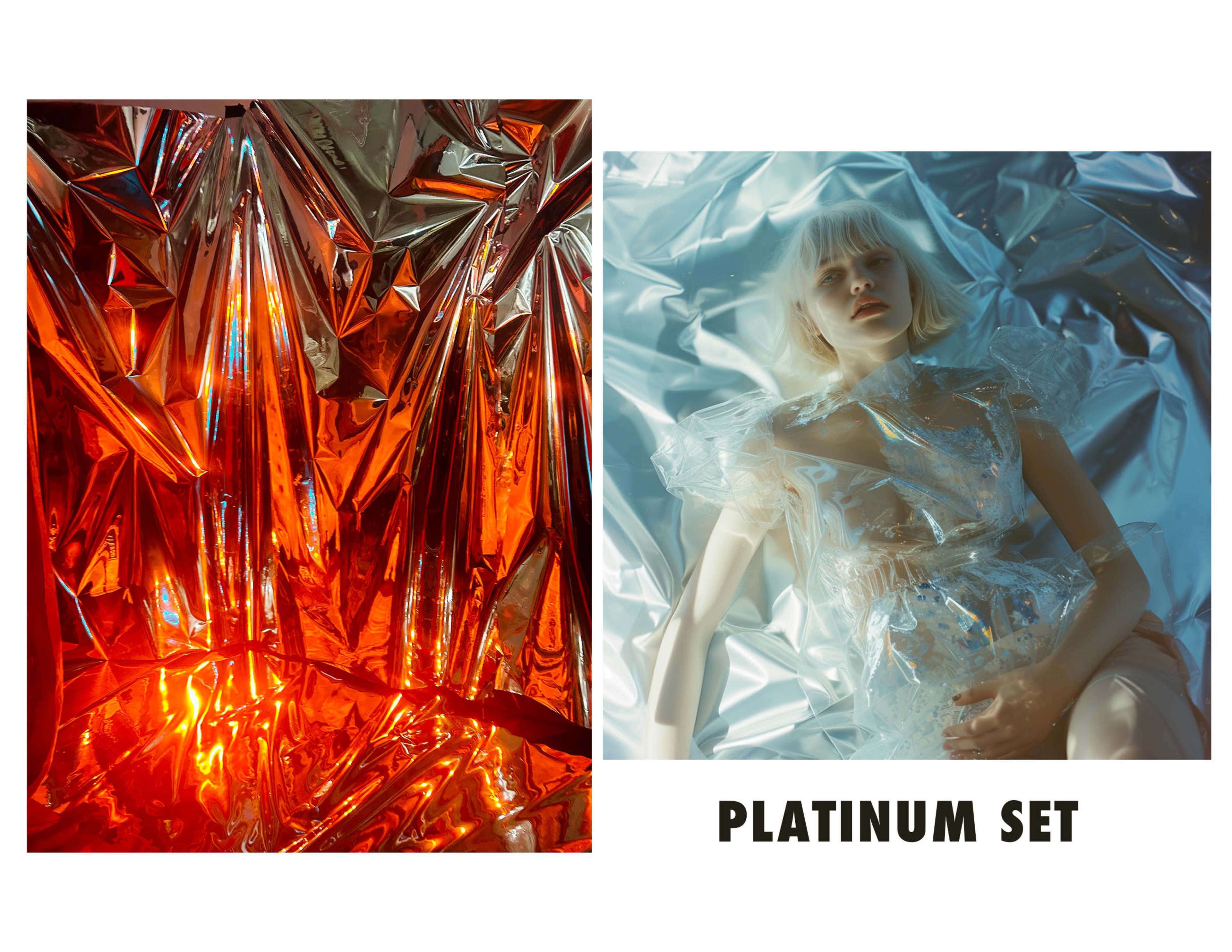The image features two contrasting panels: one side displays crinkled metallic red-orange foil, and the other shows a model draped in translucent plastic against shiny silver foil.