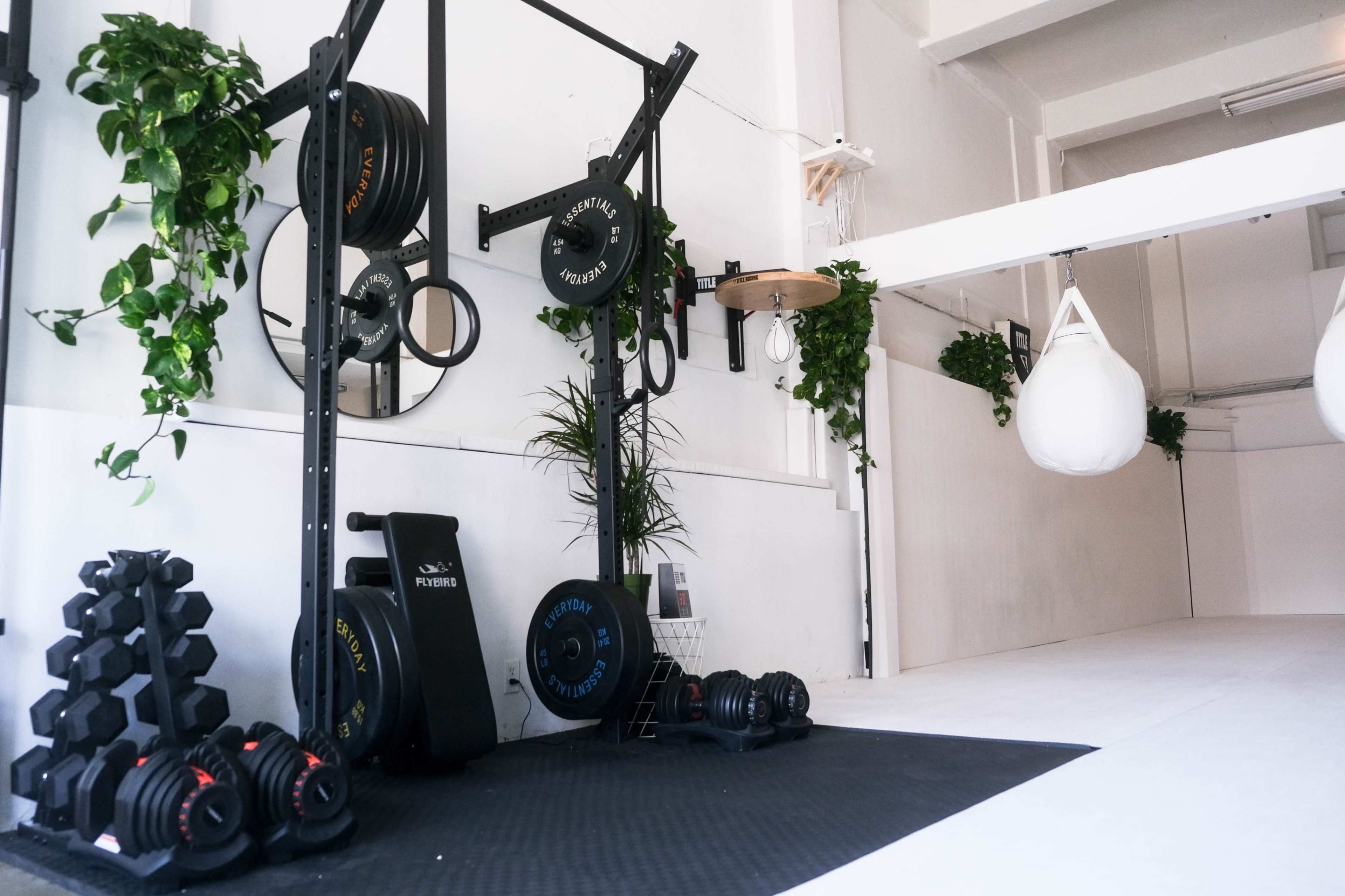 A minimalist gym space with a set of free weights, a barbell rack, and a heavy bag suspended from the ceiling.