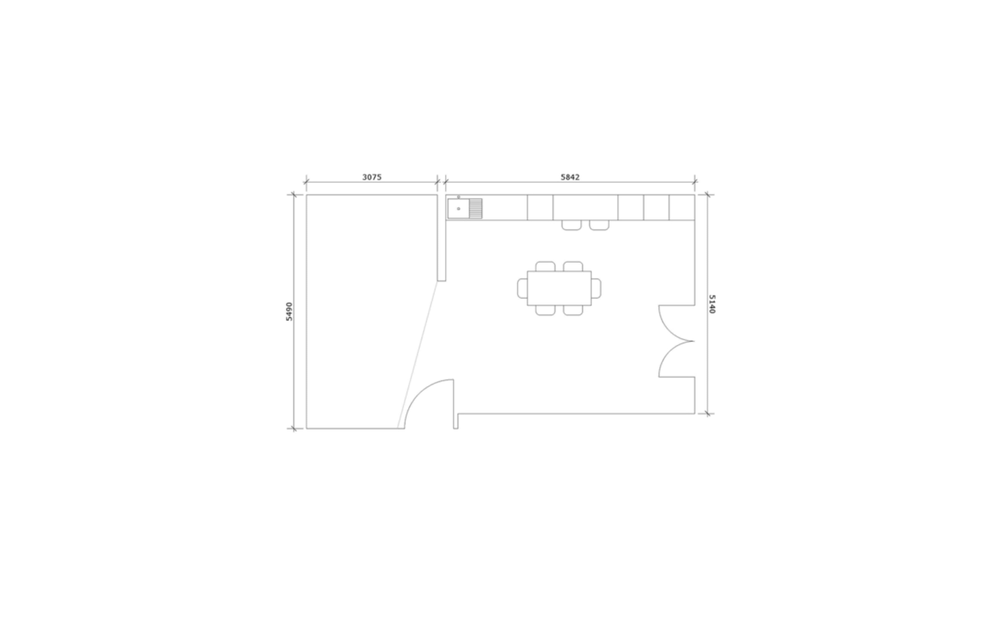 The image displays a floor plan with dimensions for a rectangular room featuring a central table and seating area, along with a kitchen space on one side.