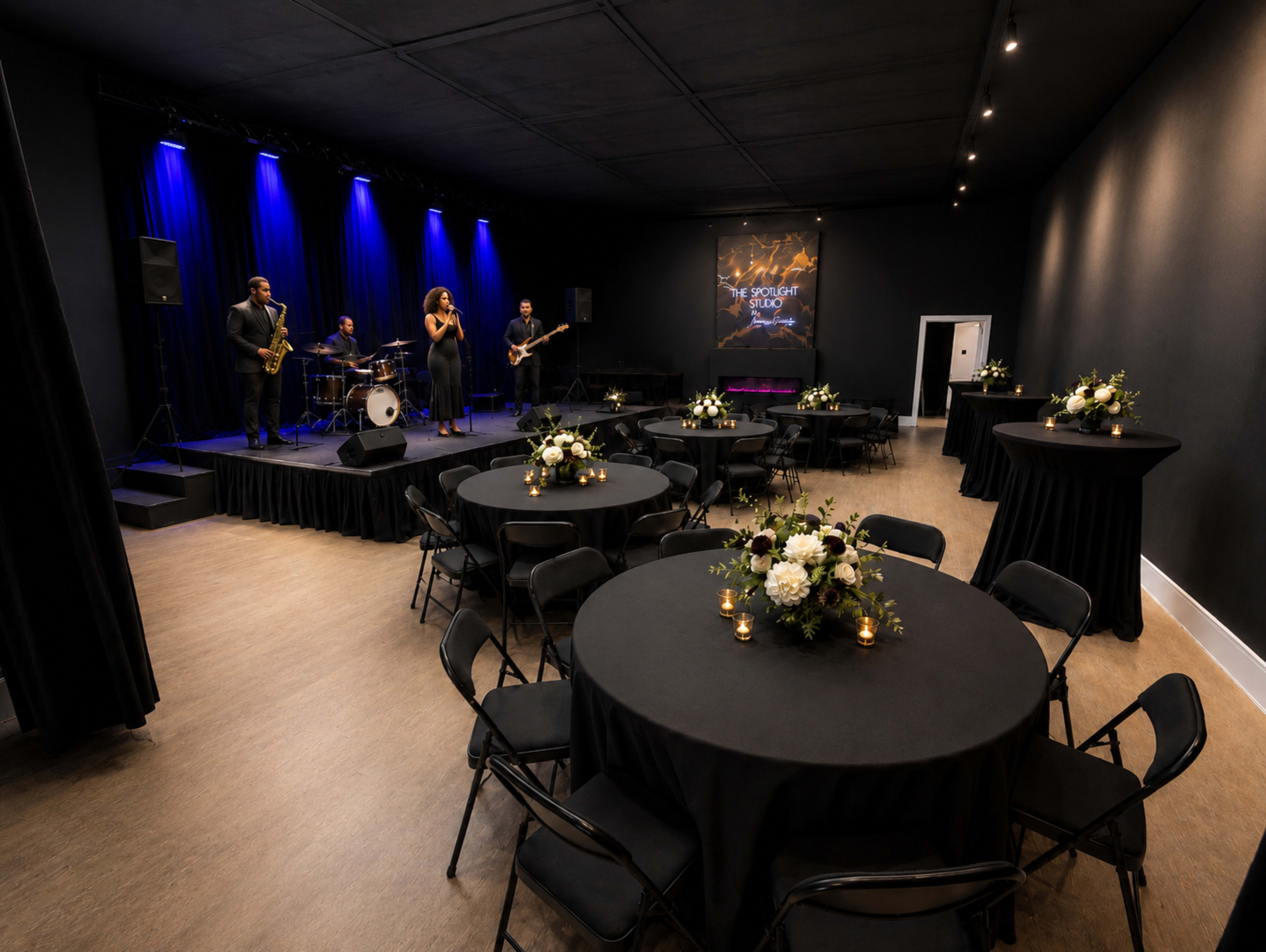 A small performance space features a live band playing on stage, with round tables set for an event in front.