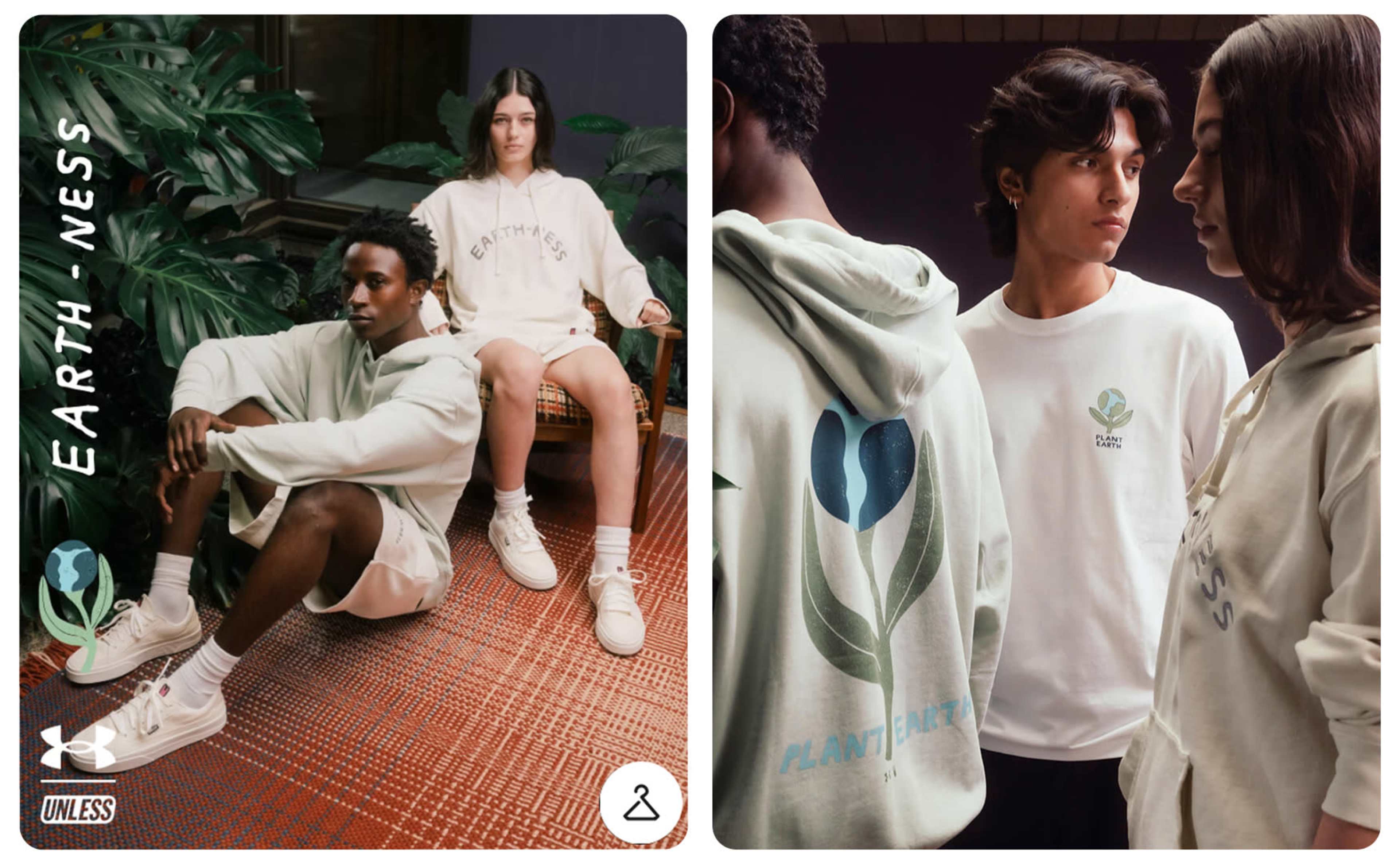 The image features a diverse group of young individuals modeling eco-themed apparel in a stylized indoor setting with plants.