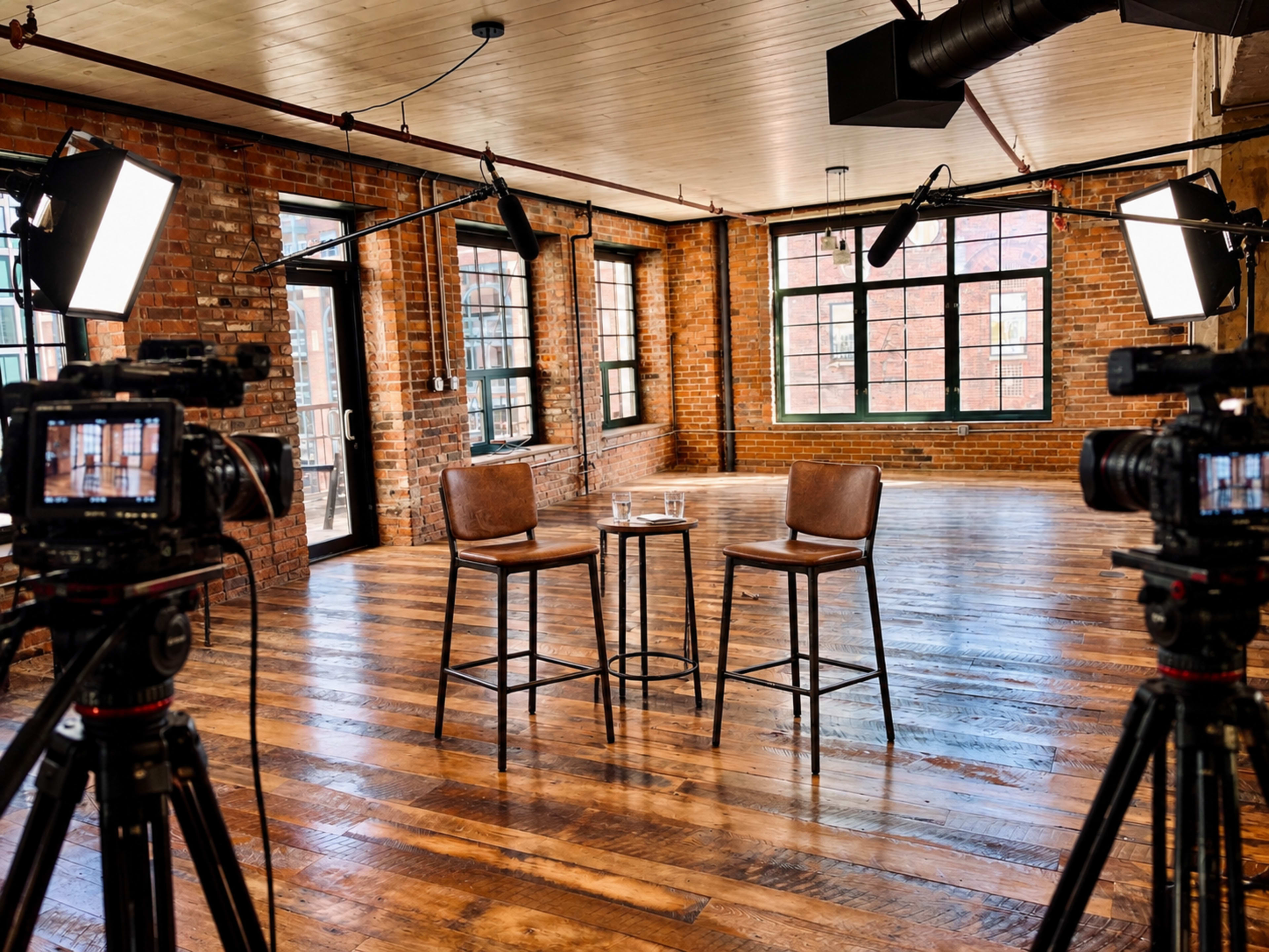 The image shows a spacious, industrial-style room with exposed brick walls and wooden flooring, set up with two high stools and a small table, flanked by cameras on tripods and bright studio lights.