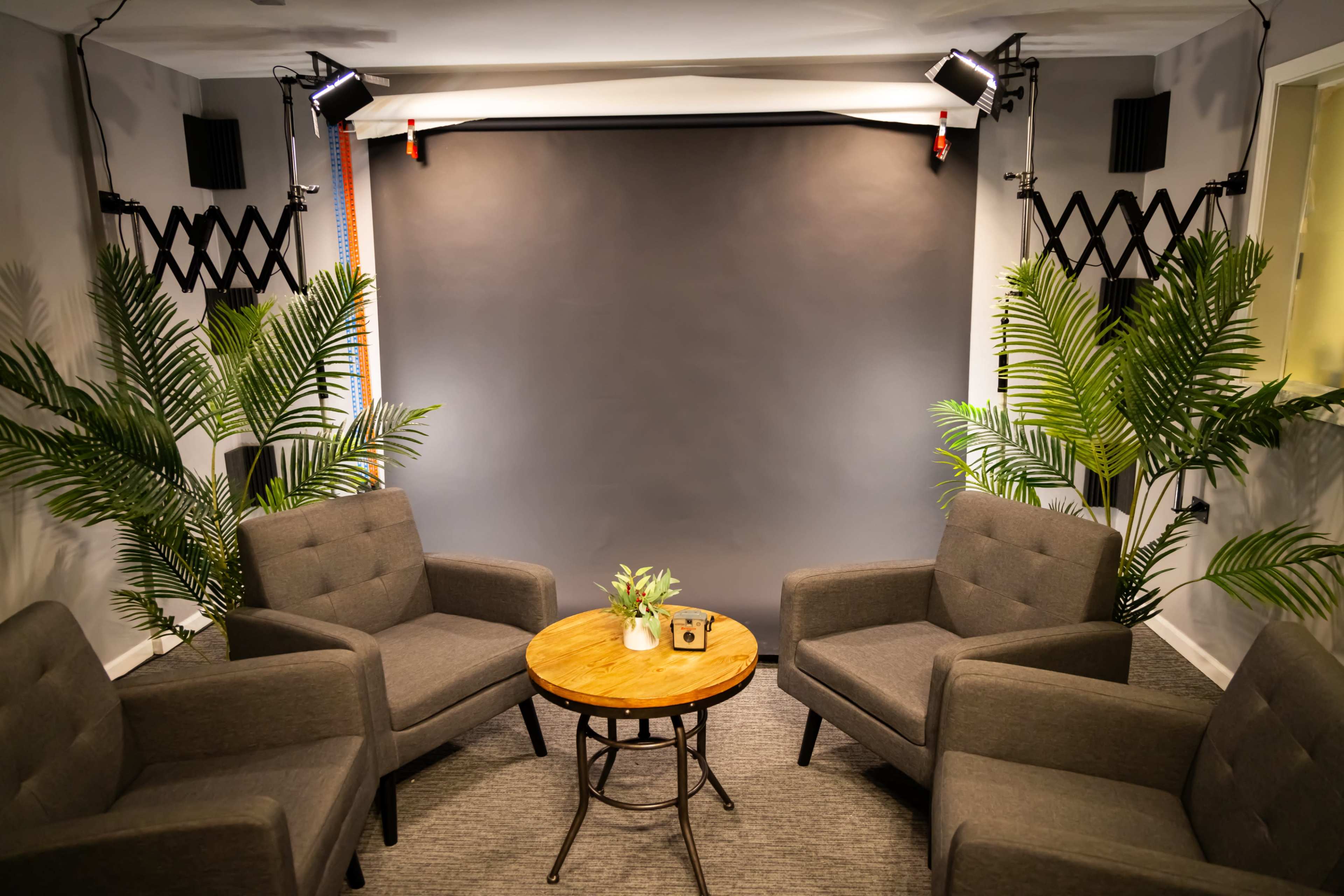 A photography studio features two gray chairs and a round wooden table surrounded by potted plants, with a gray backdrop and lighting fixtures.