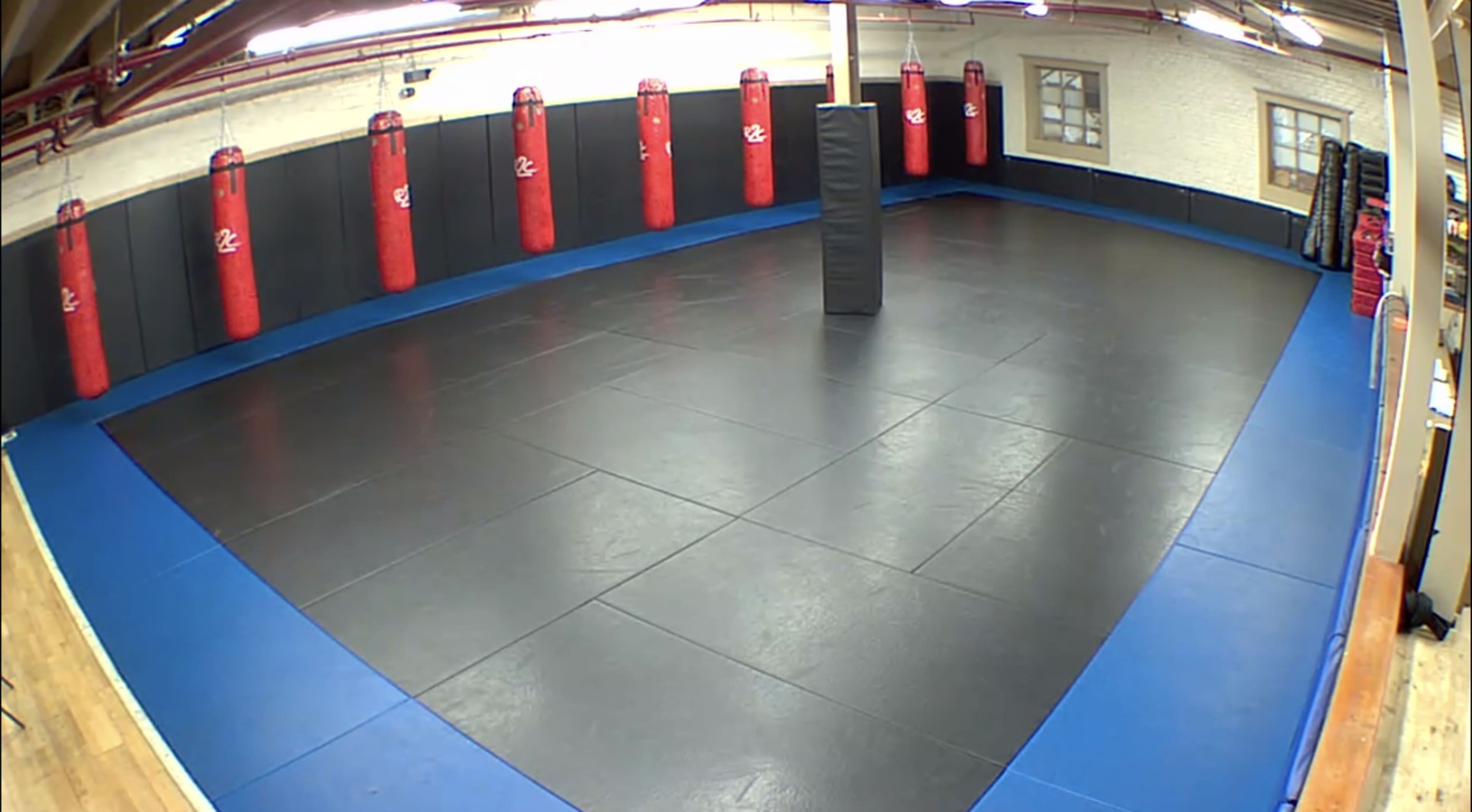 A spacious training area featuring black and blue matting, with red punching bags arranged against the walls and a central padded training dummy.