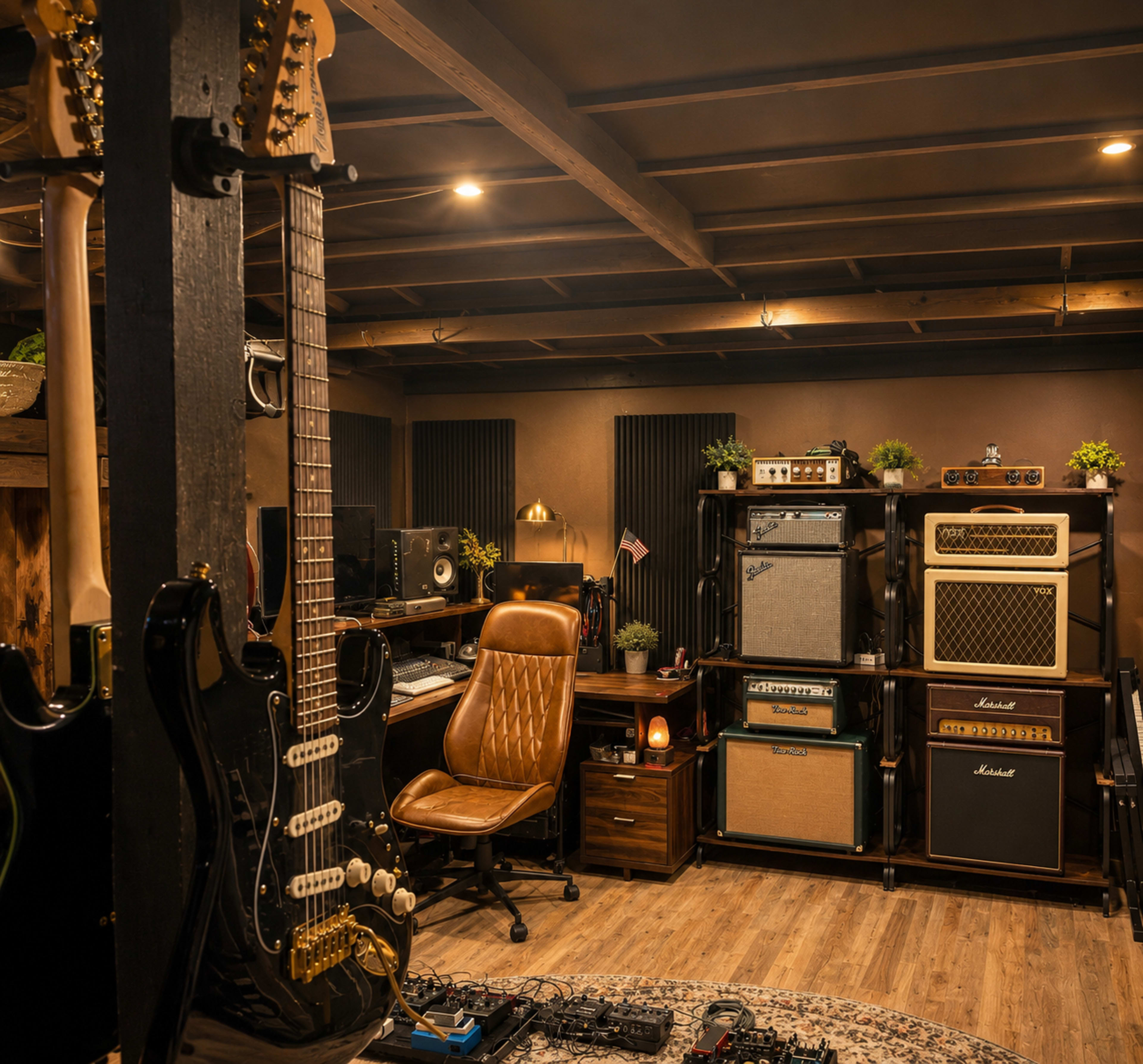 The image shows a music studio with electric guitars hanging on the wall, amplifiers arranged on shelves, and a brown leather chair positioned near a desk.