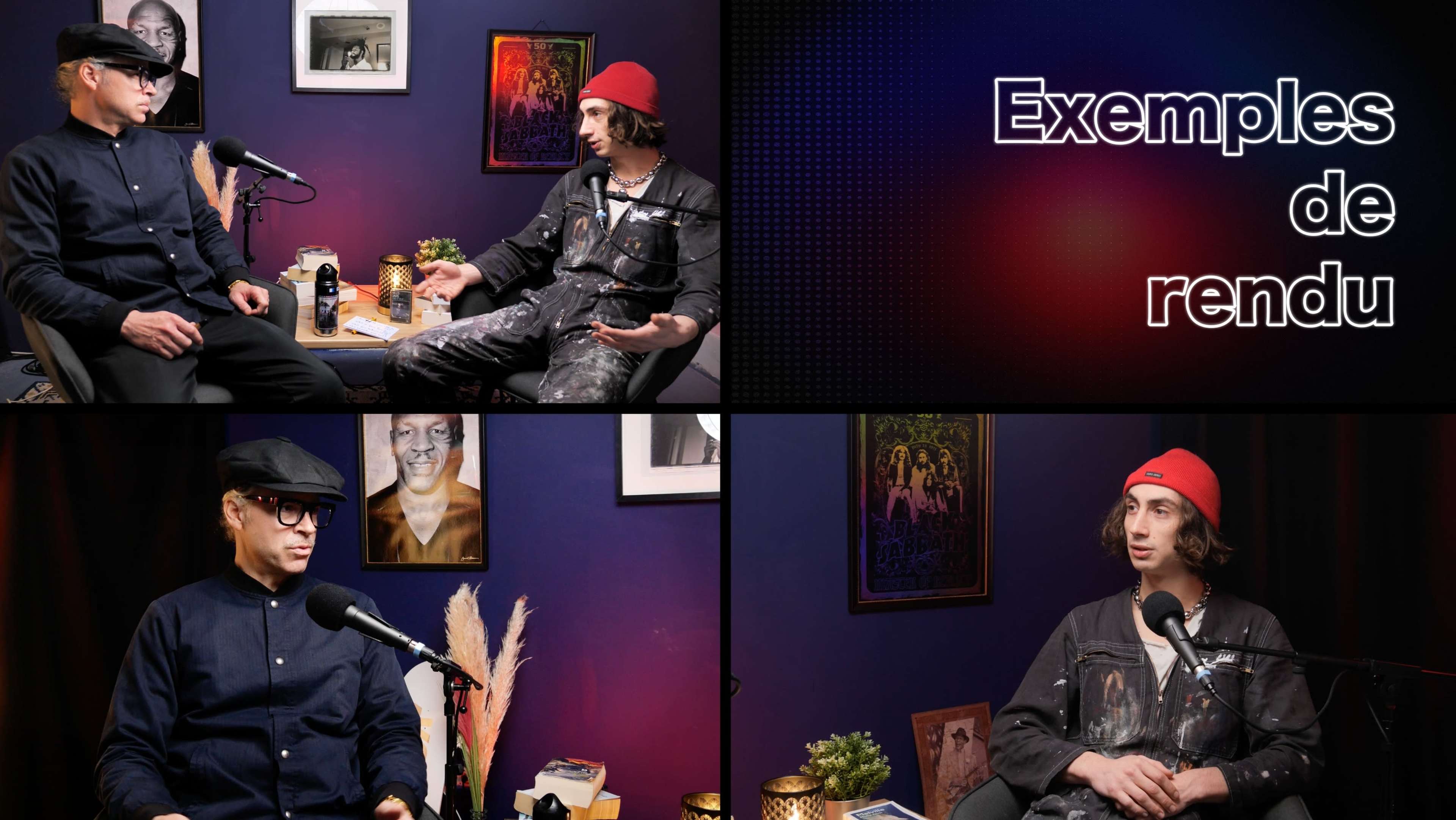 Two individuals are seated at a table in a dimly lit room, engaged in a conversation, with microphones in front of them and decorative items and framed photos in the background.