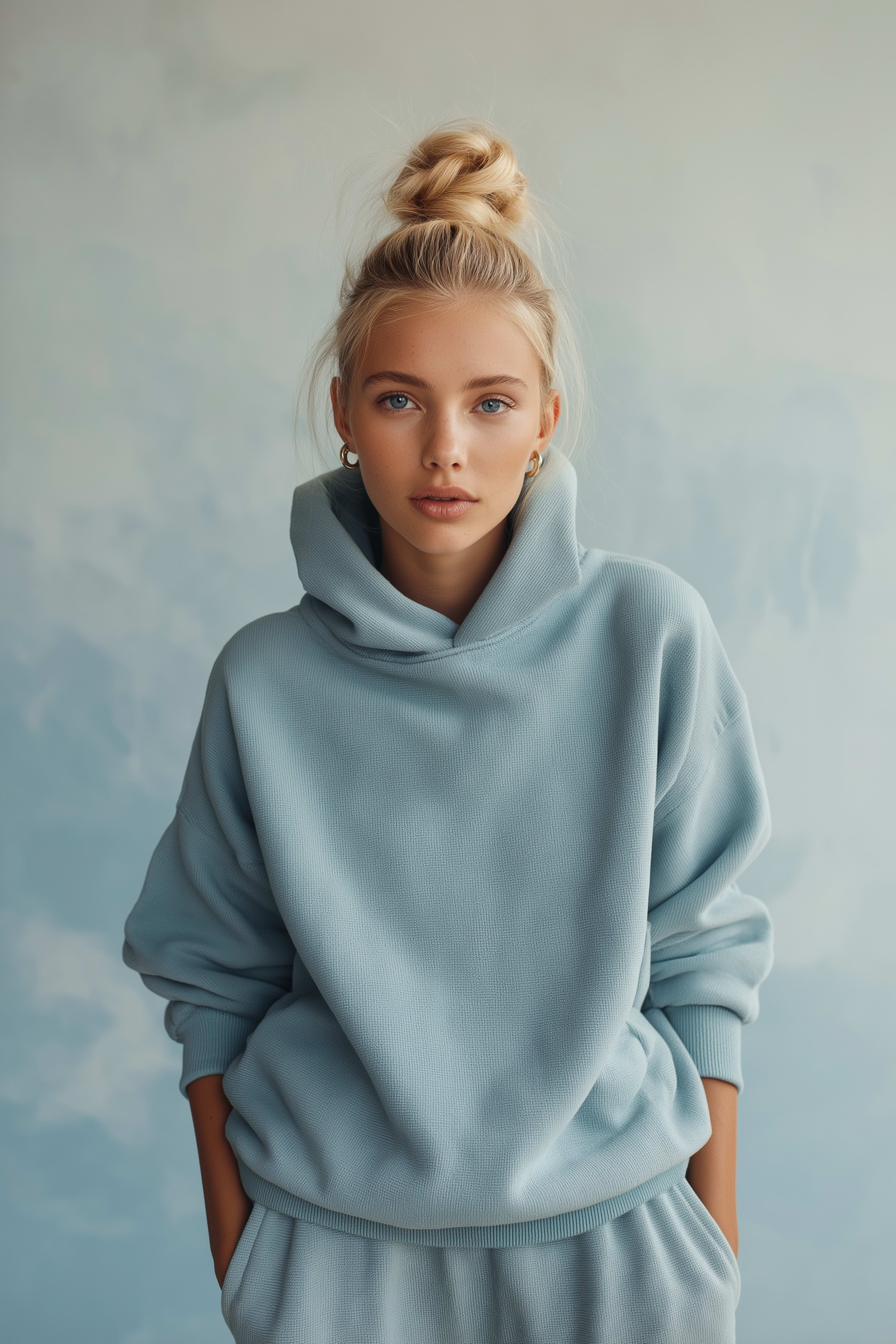 A person with long blonde hair styled in a bun is wearing a light blue hoodie against a softly textured blue background.