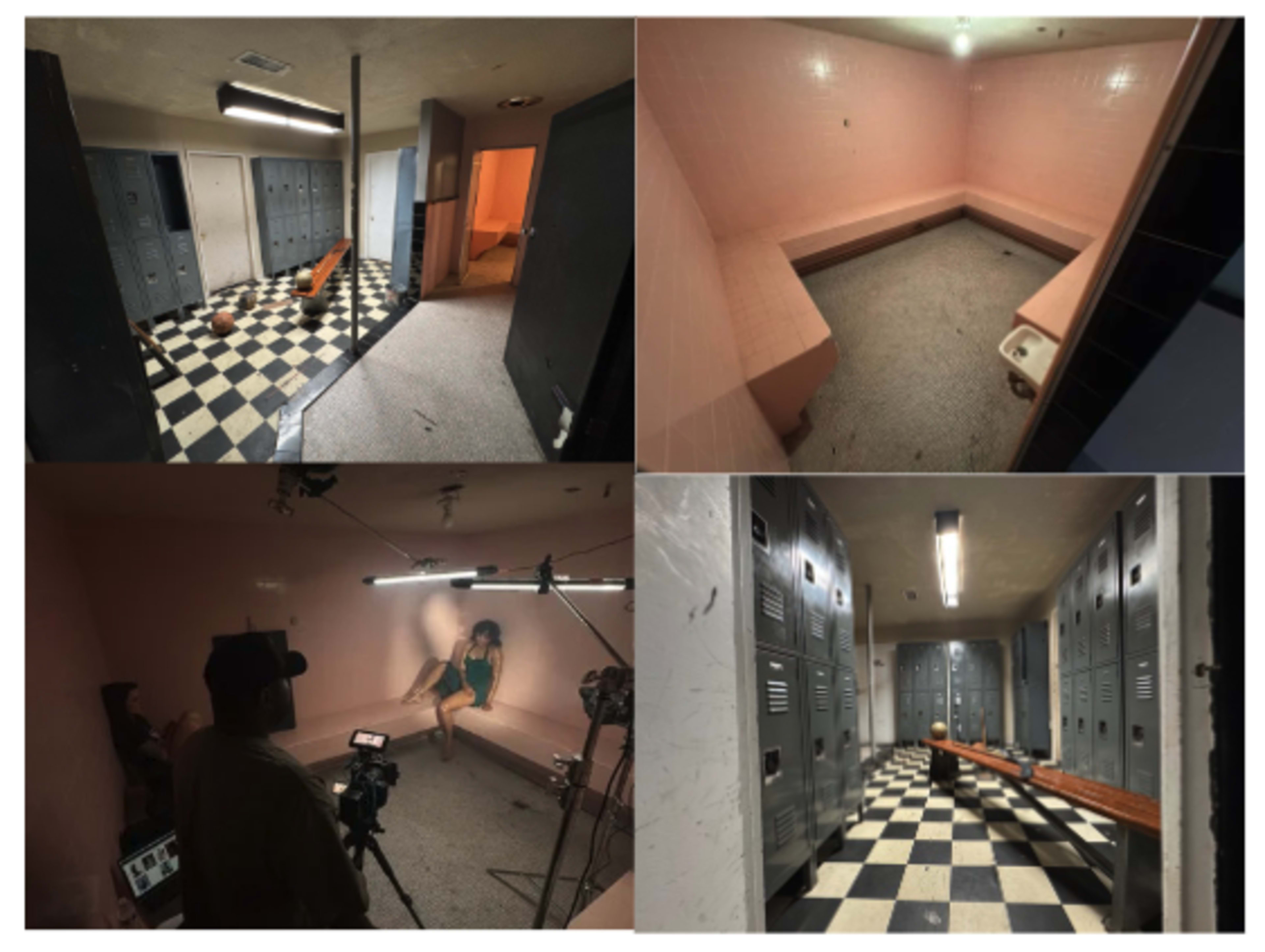 The image features a series of four photos showcasing a retro-styled locker room with pink walls, black-and-white checkered flooring, and metal lockers, along with a filming setup in one of the corners.