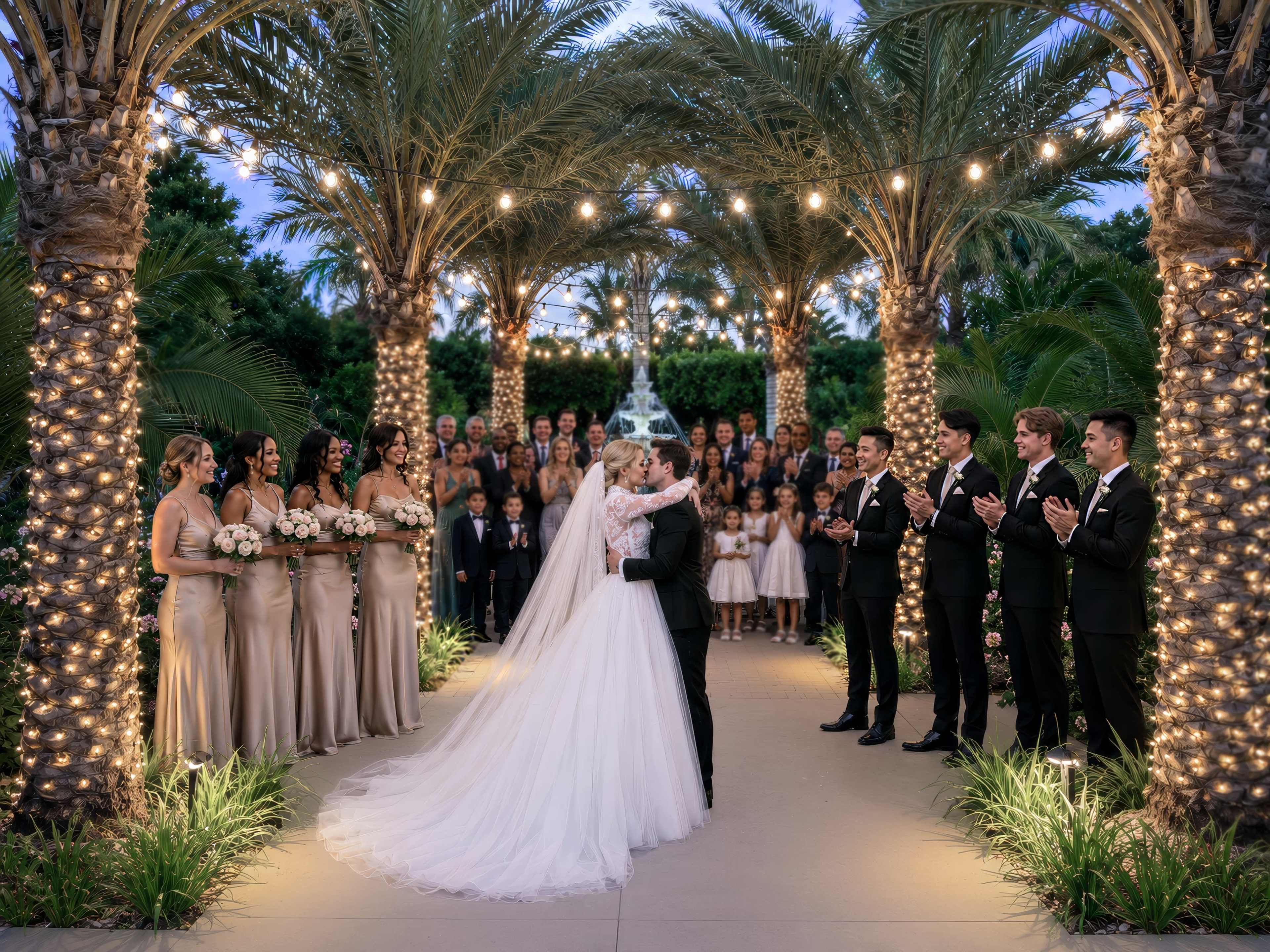 A bride and groom embrace under palm trees adorned with glowing lights, surrounded by their bridal party and guests at a wedding reception.