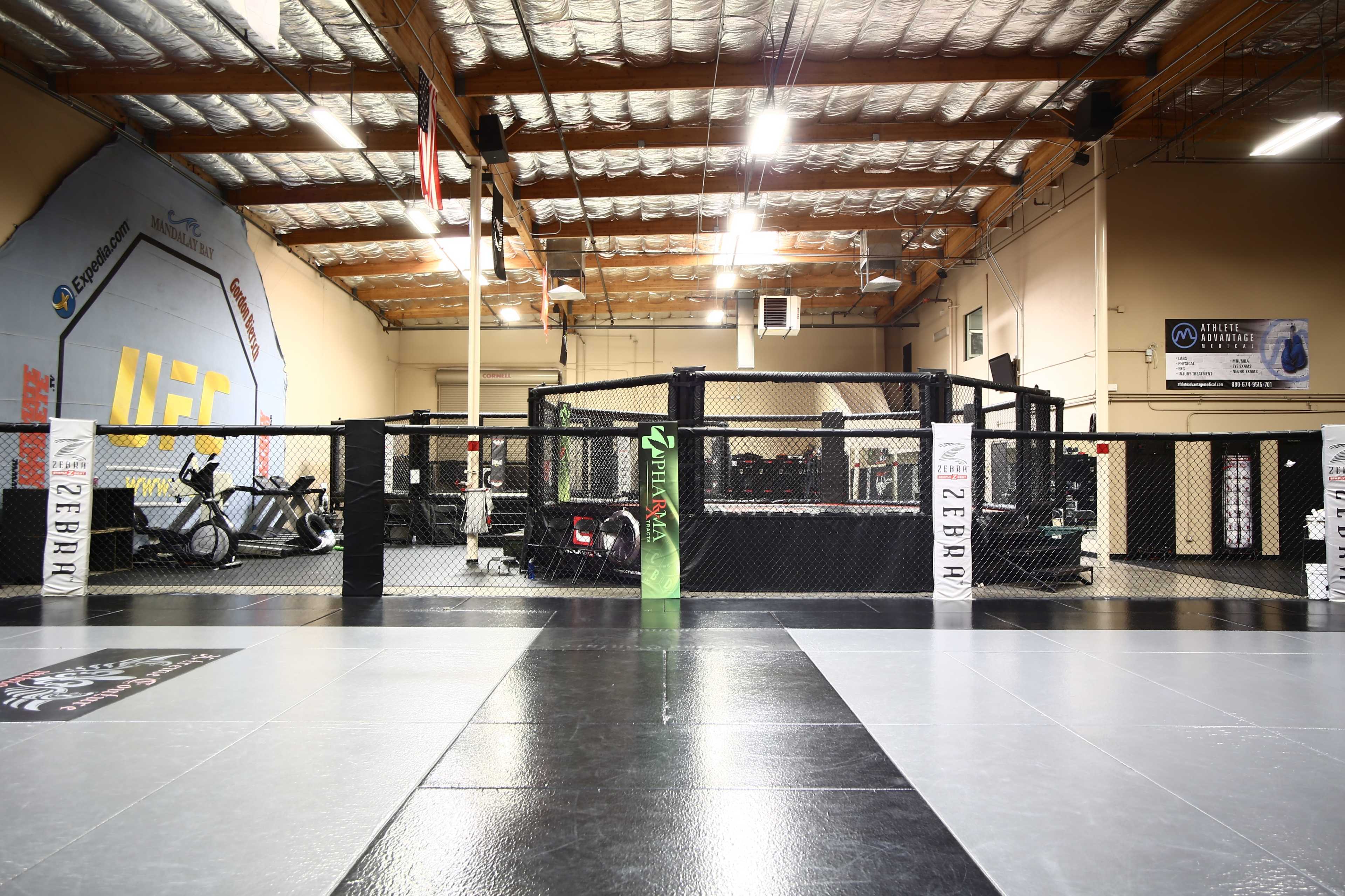 An empty mixed martial arts training facility with a central octagonal cage surrounded by various training equipment.