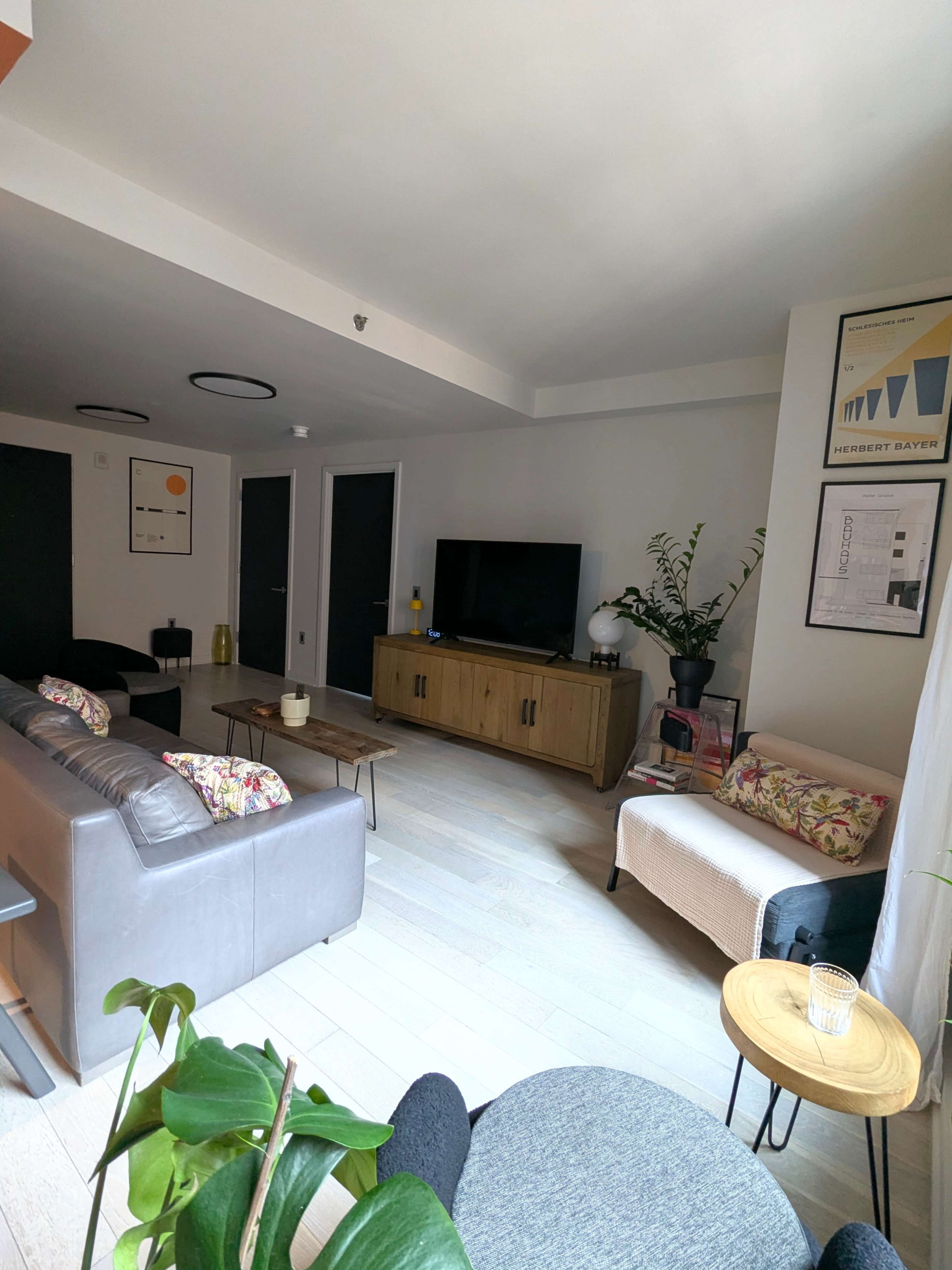 The image shows a modern living room featuring a grey sofa, a wooden TV cabinet, and plants, with light-colored flooring and walls.