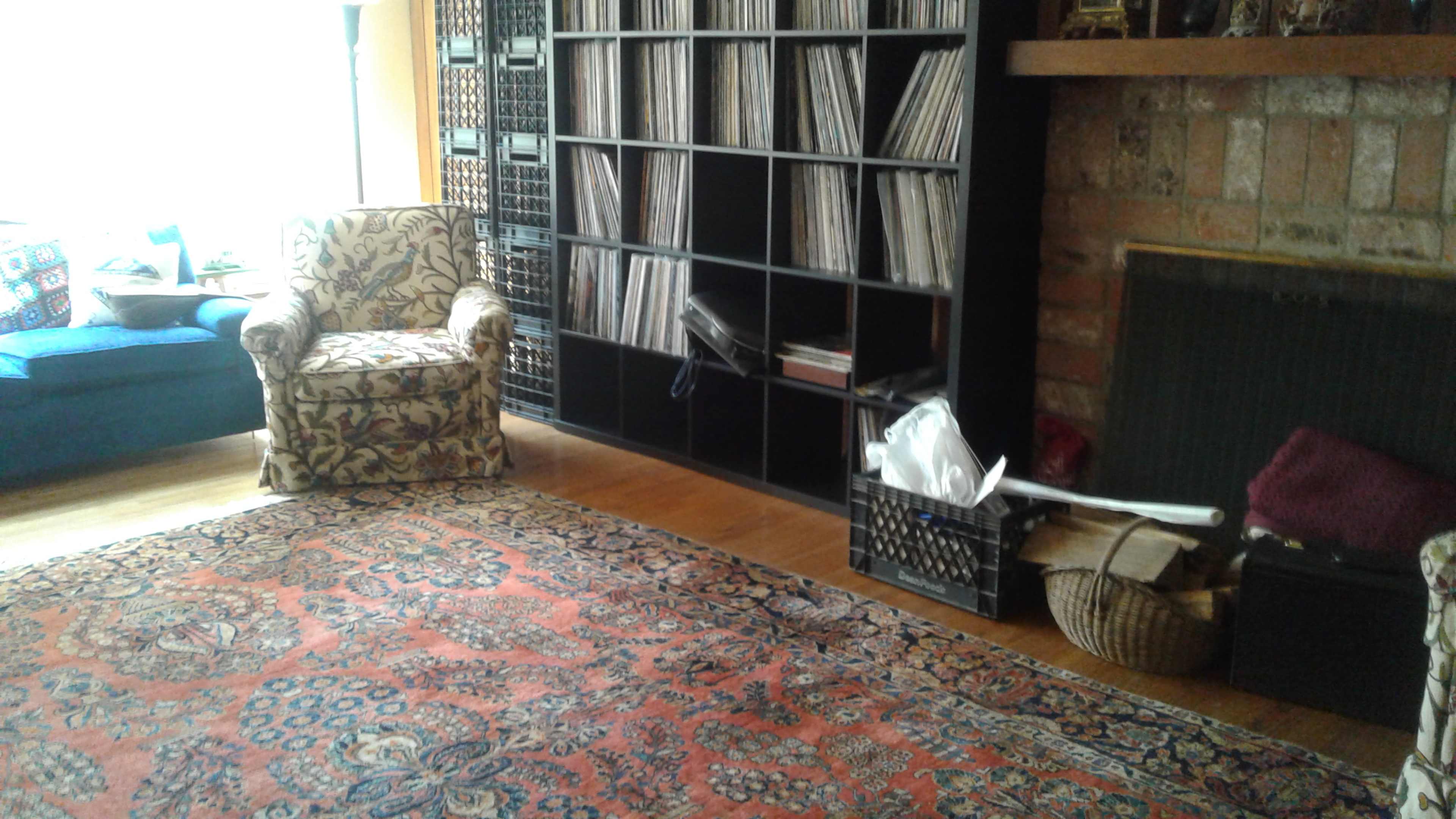 A living room with a patterned area rug, a bookshelf filled with records, and seating arrangements that include a floral armchair and a blue couch.