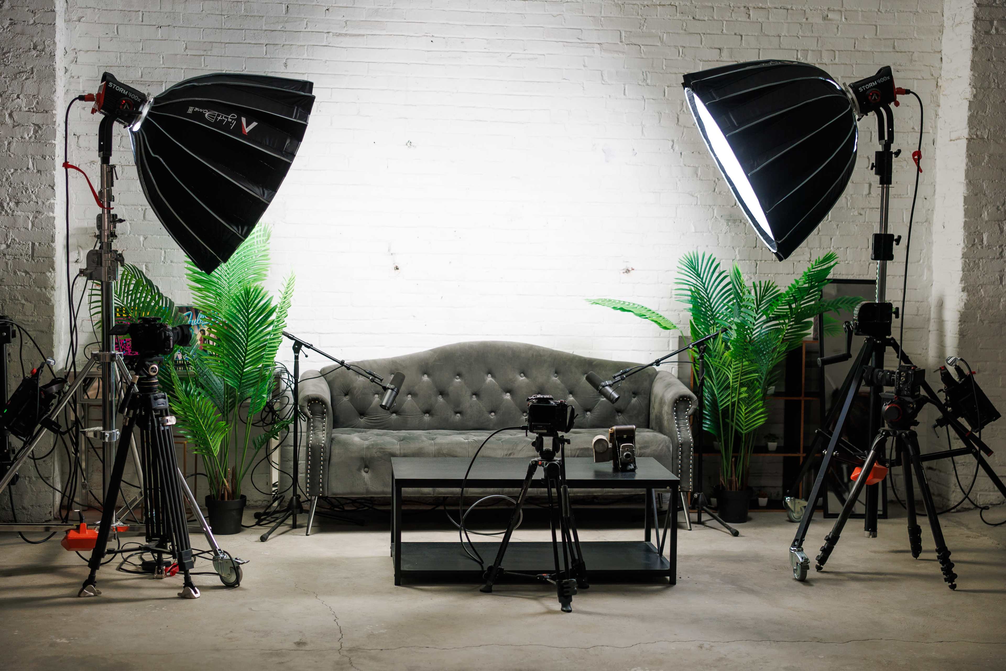 A studio setup features a gray sofa in front of a white brick wall, flanked by two large lighting umbrellas and several cameras on tripods, with potted plants nearby.