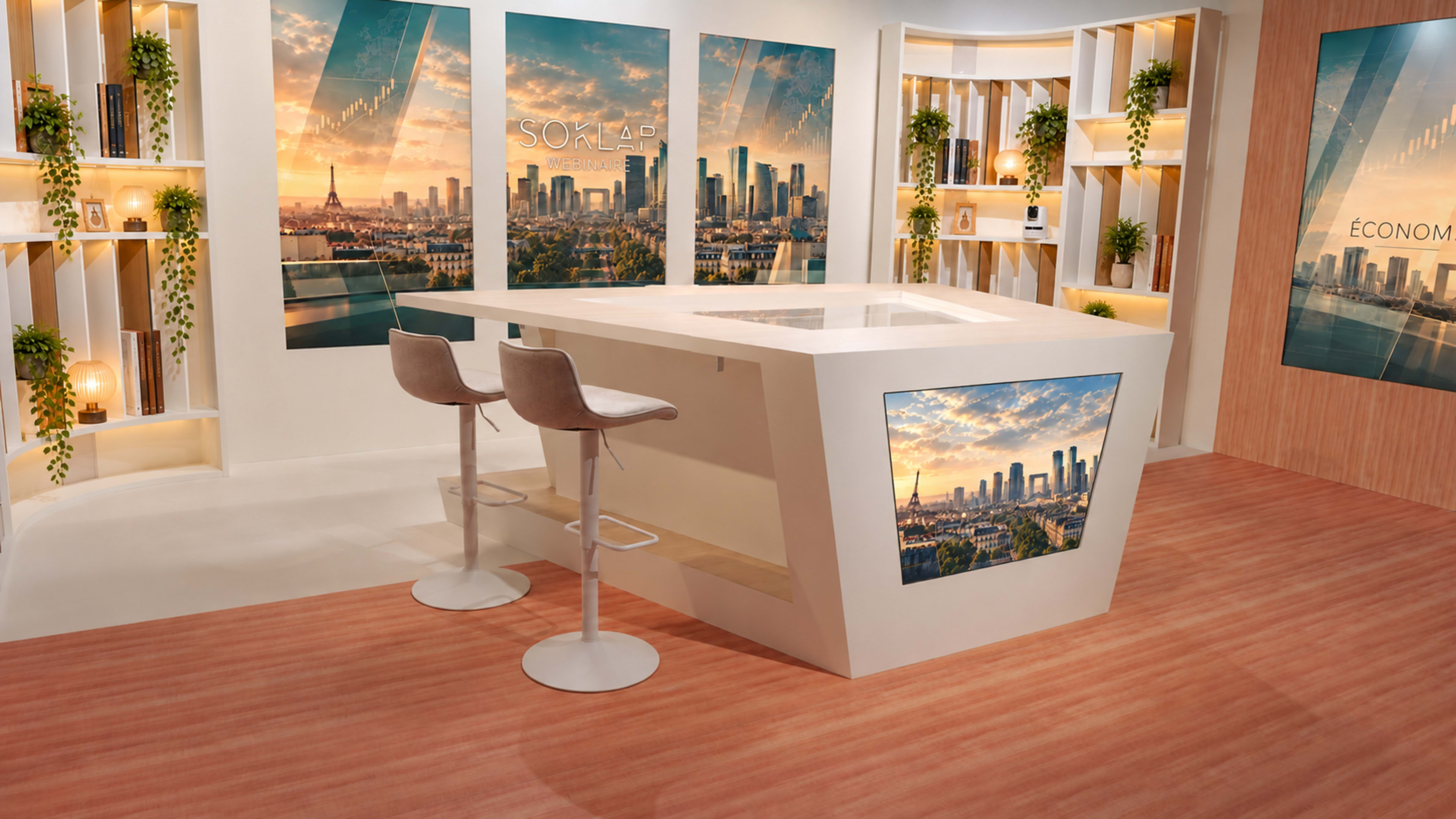 The image shows a modern television studio setup with a large white table, two stools, and backdrop displays featuring city skyline views and text on the walls.