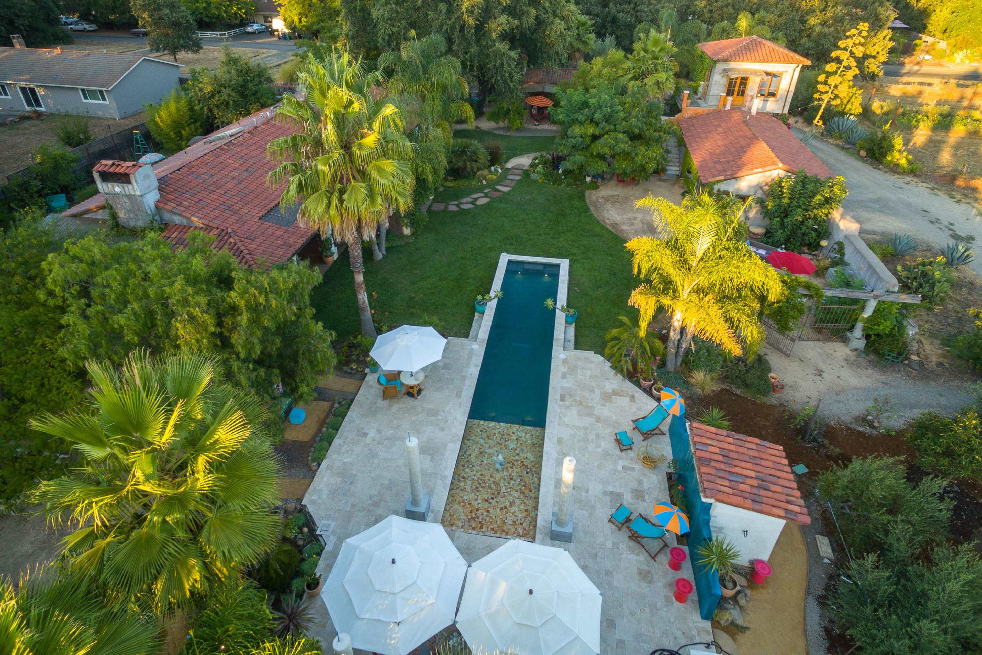 An aerial view shows a landscaped backyard featuring a rectangular pool, accompanied by two white umbrellas and palm trees, surrounded by stone paths and various types of greenery.