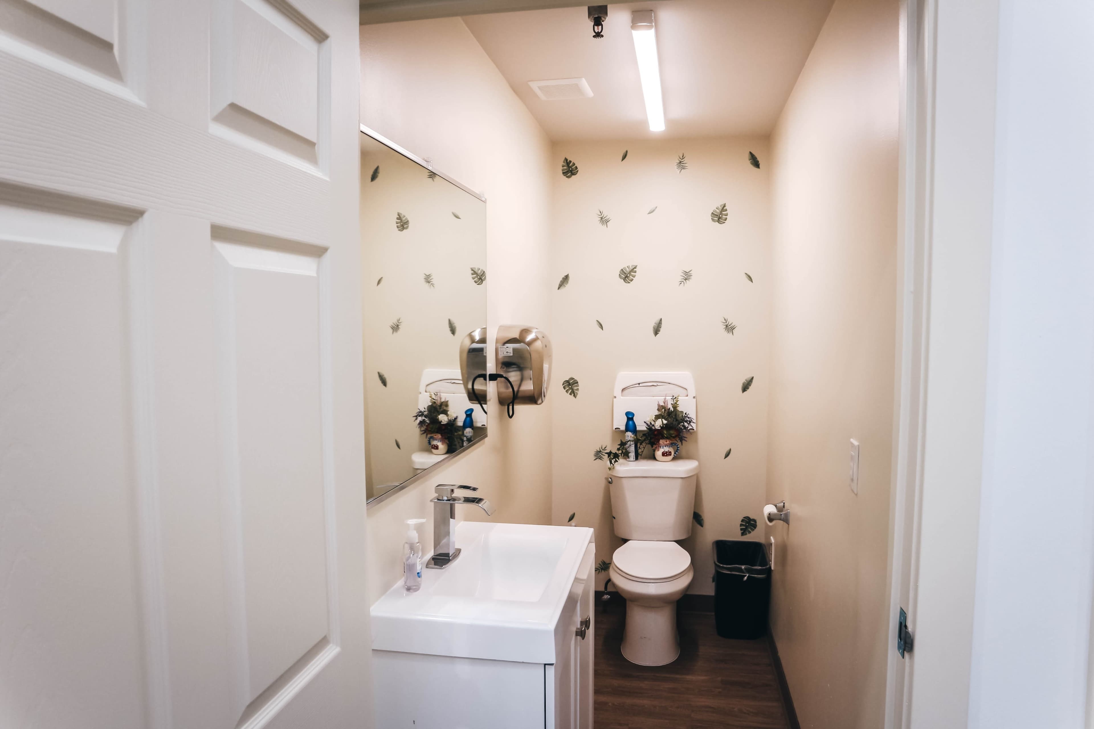 A small bathroom features a white toilet, sink with a cabinet, and a mirror against light-colored walls with leaf decals.