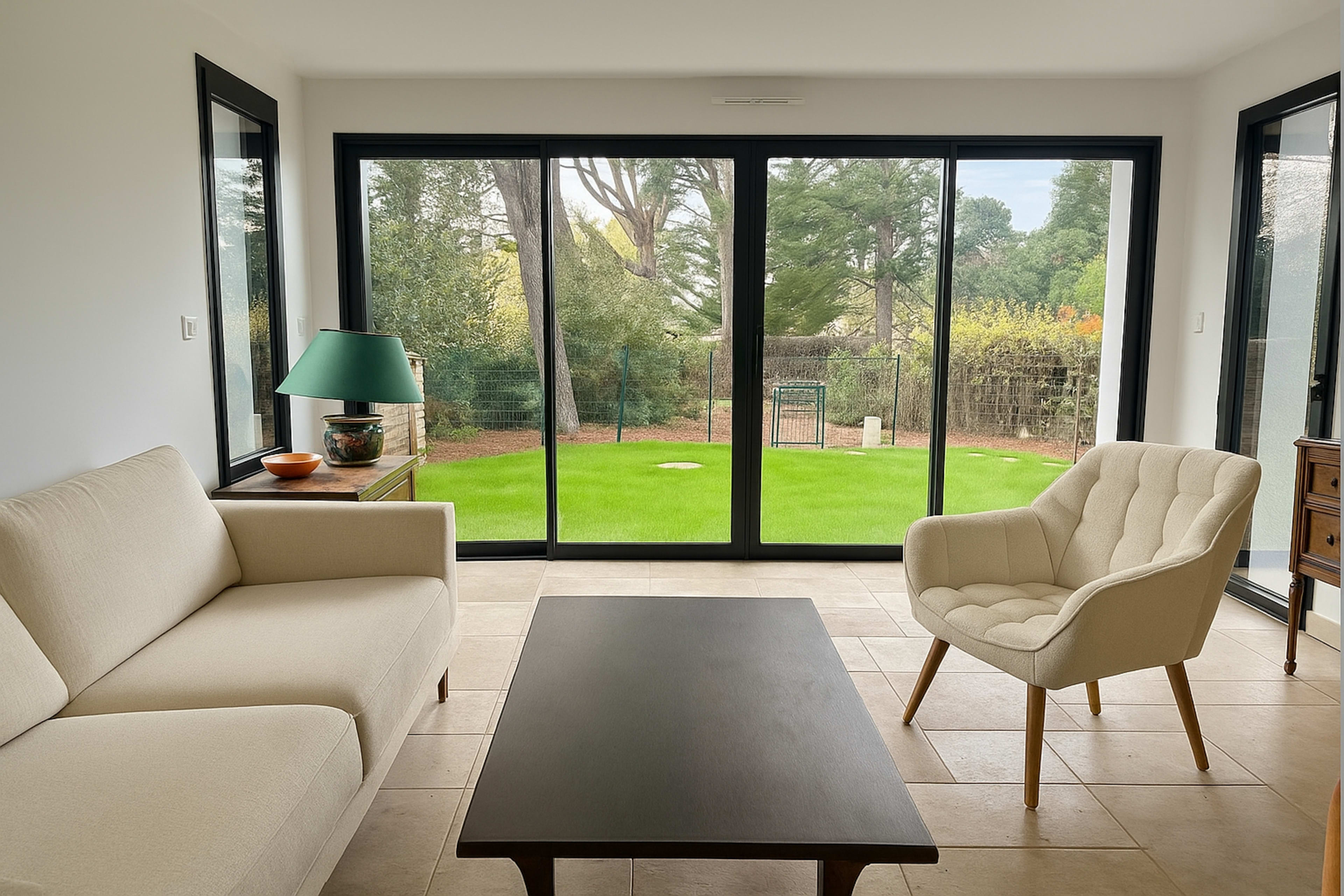 The image shows a modern living room with a beige sofa and an armchair facing a coffee table, overlooking a green lawn through large glass doors.