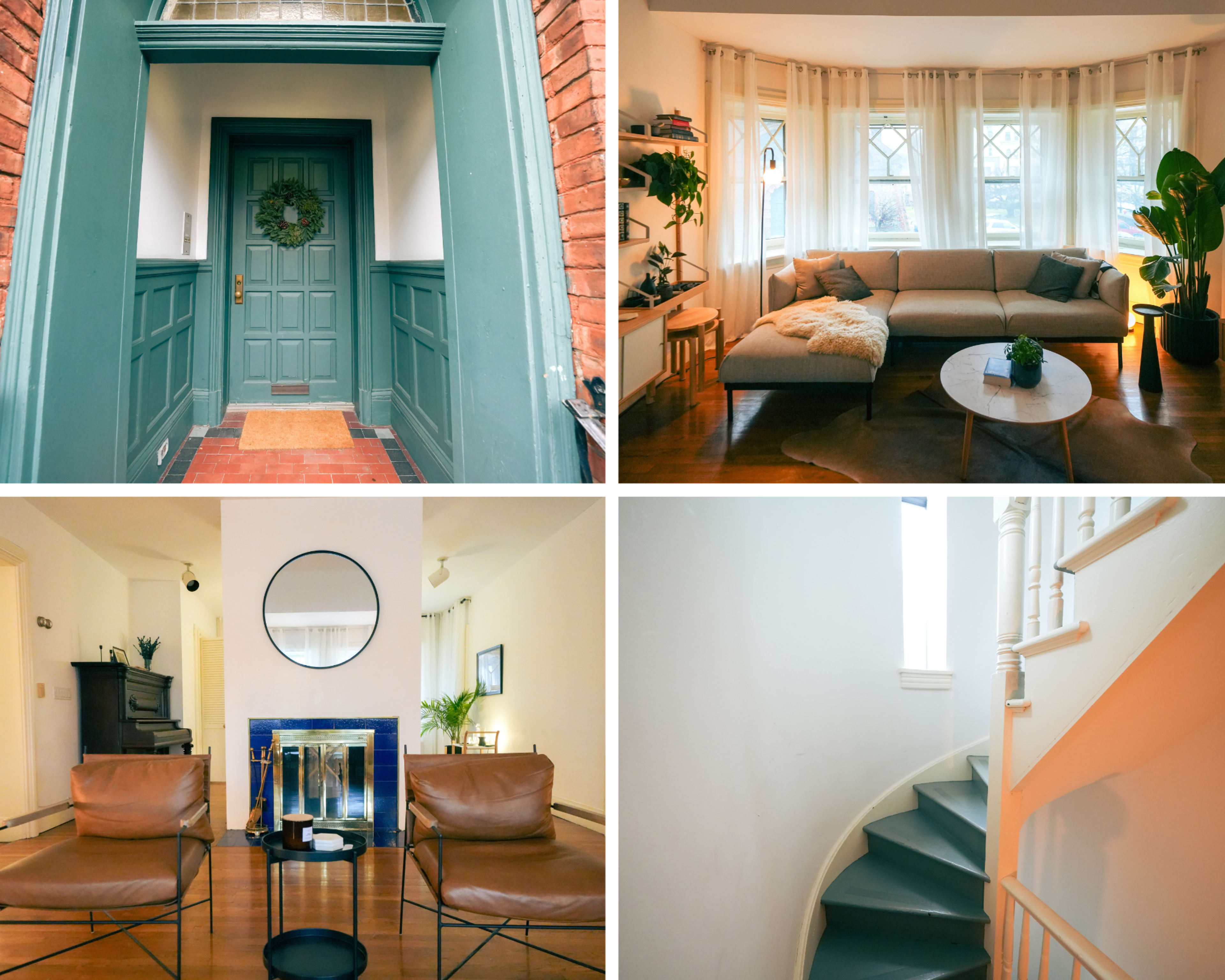 A collage of four scenes: a green front door adorned with a wreath, a bright living room with a sectional couch and a coffee table, a staircase leading to an upper level, and a sitting area with leather chairs and a fireplace.