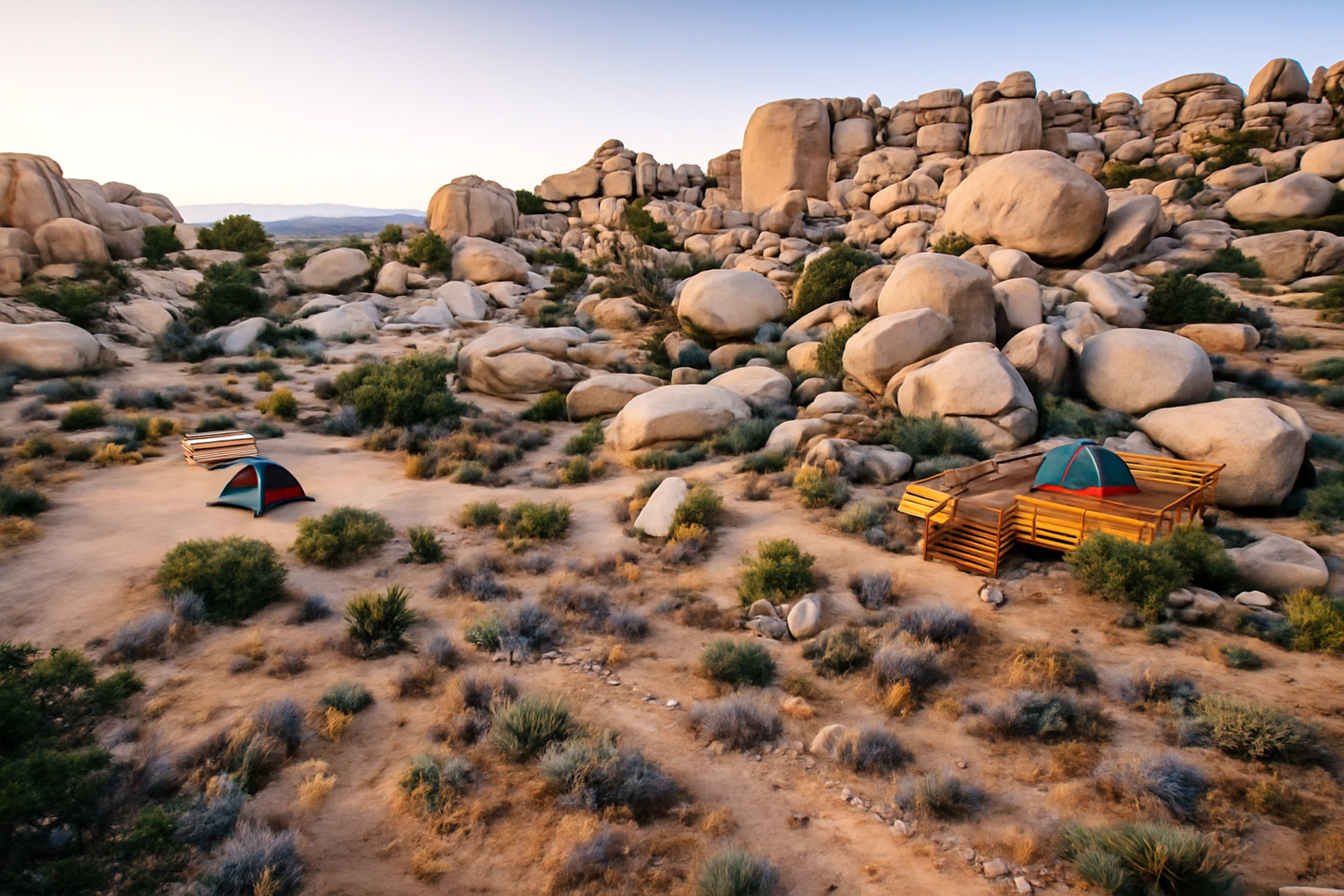 The image shows a desert landscape with large, scattered boulders and two camping setups positioned among sparse vegetation.