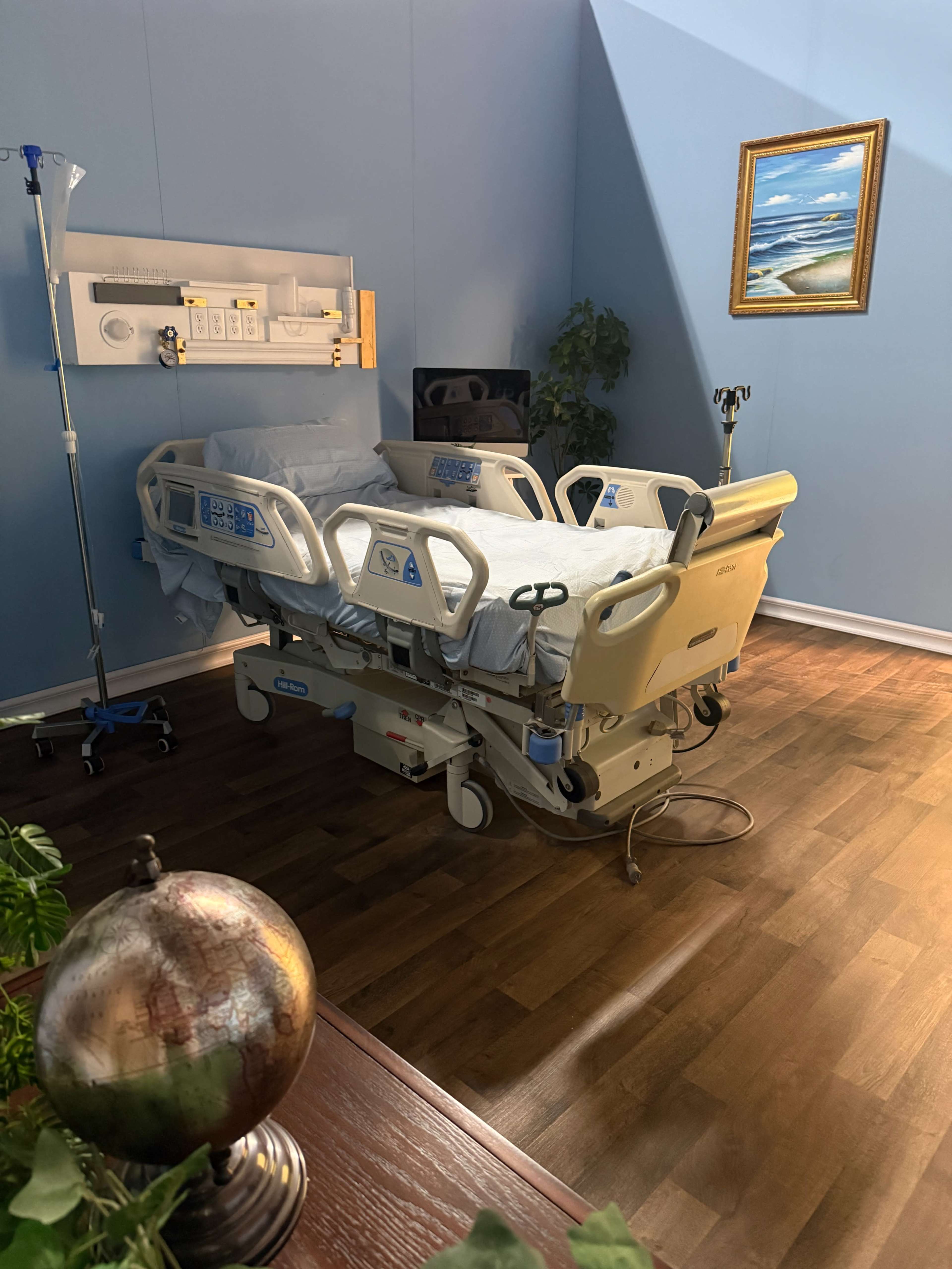 The image shows a hospital room with a patient bed, medical equipment, and a decorative painting on the wall.