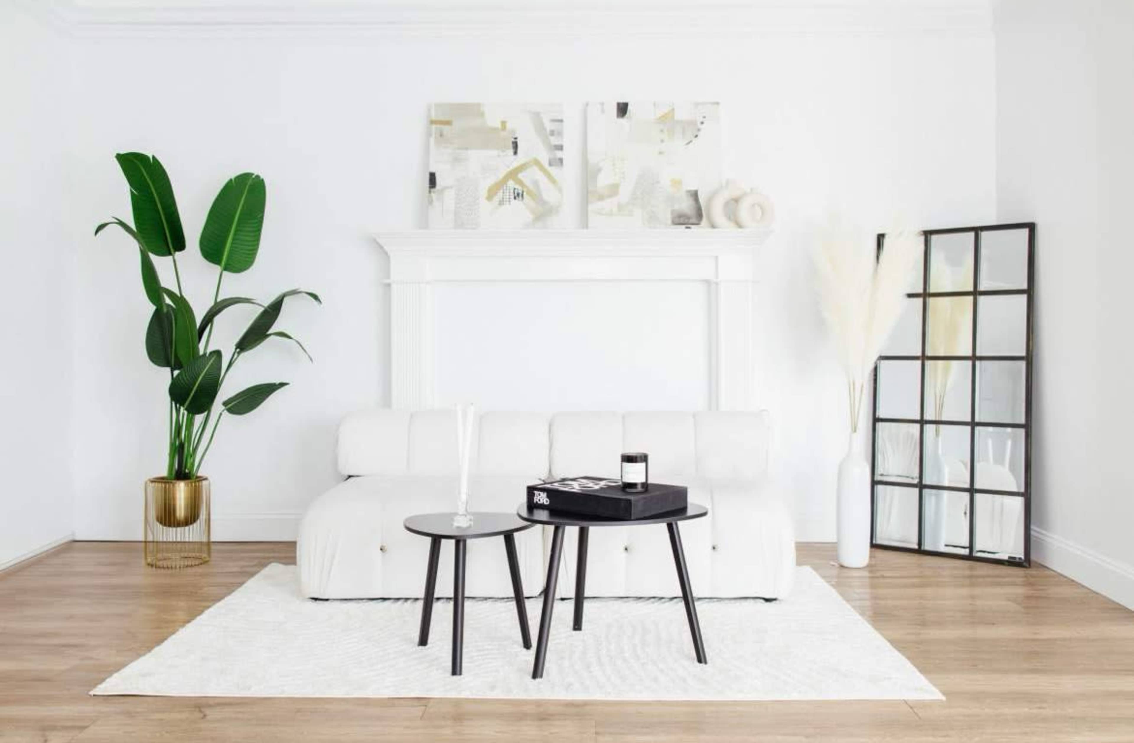 The image features a minimalist living room with a white sofa, two contrasting side tables, a tall green plant, and decorative wall art.
