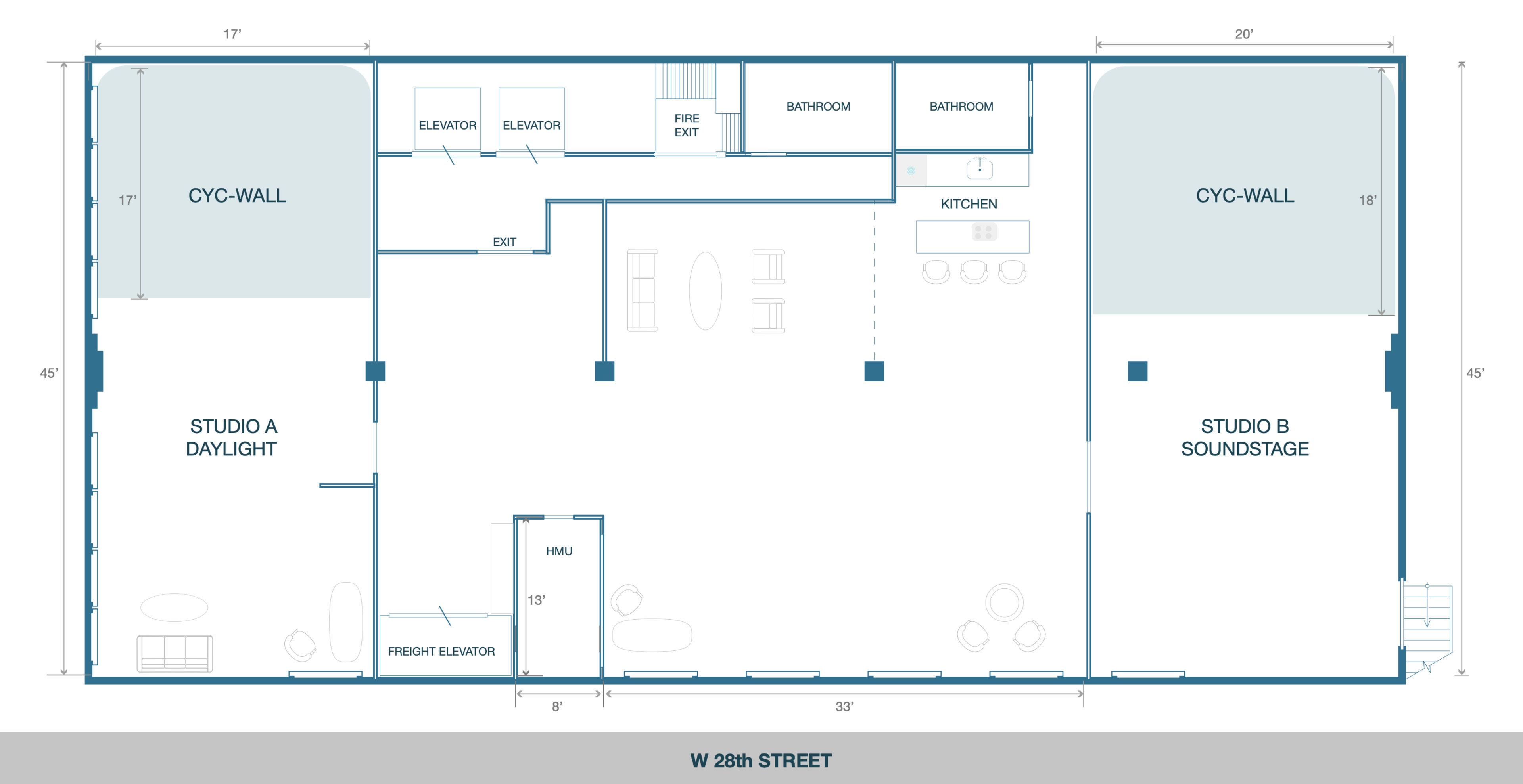 The layout shows a floor plan for a building on W 28th Street, featuring spaces labeled as "Studio A Daylight," "Studio B Soundstage," and multiple bathrooms and elevators.