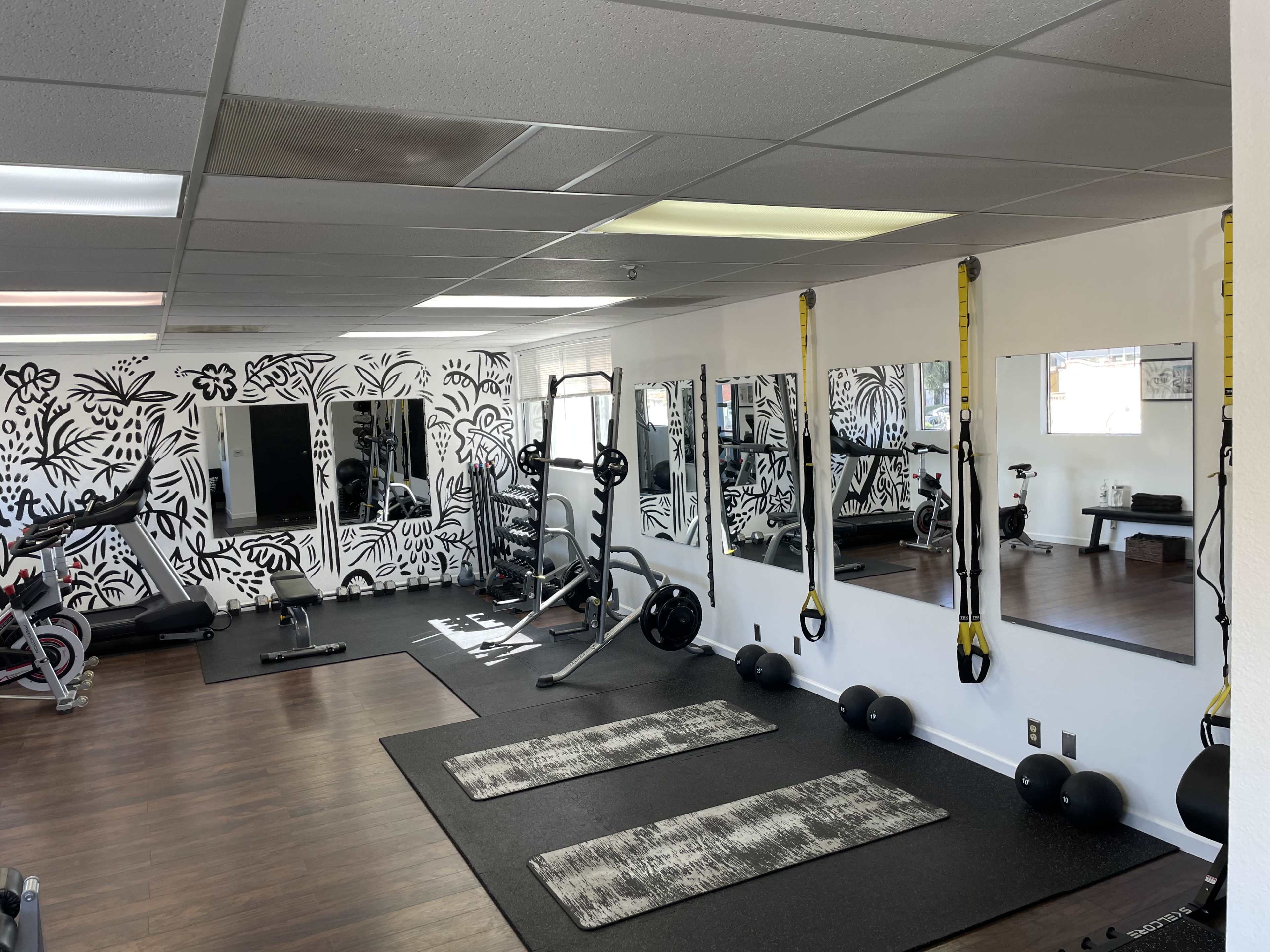 The image shows a fitness studio with various exercise equipment, mirrors, and a decorated wall featuring floral designs.