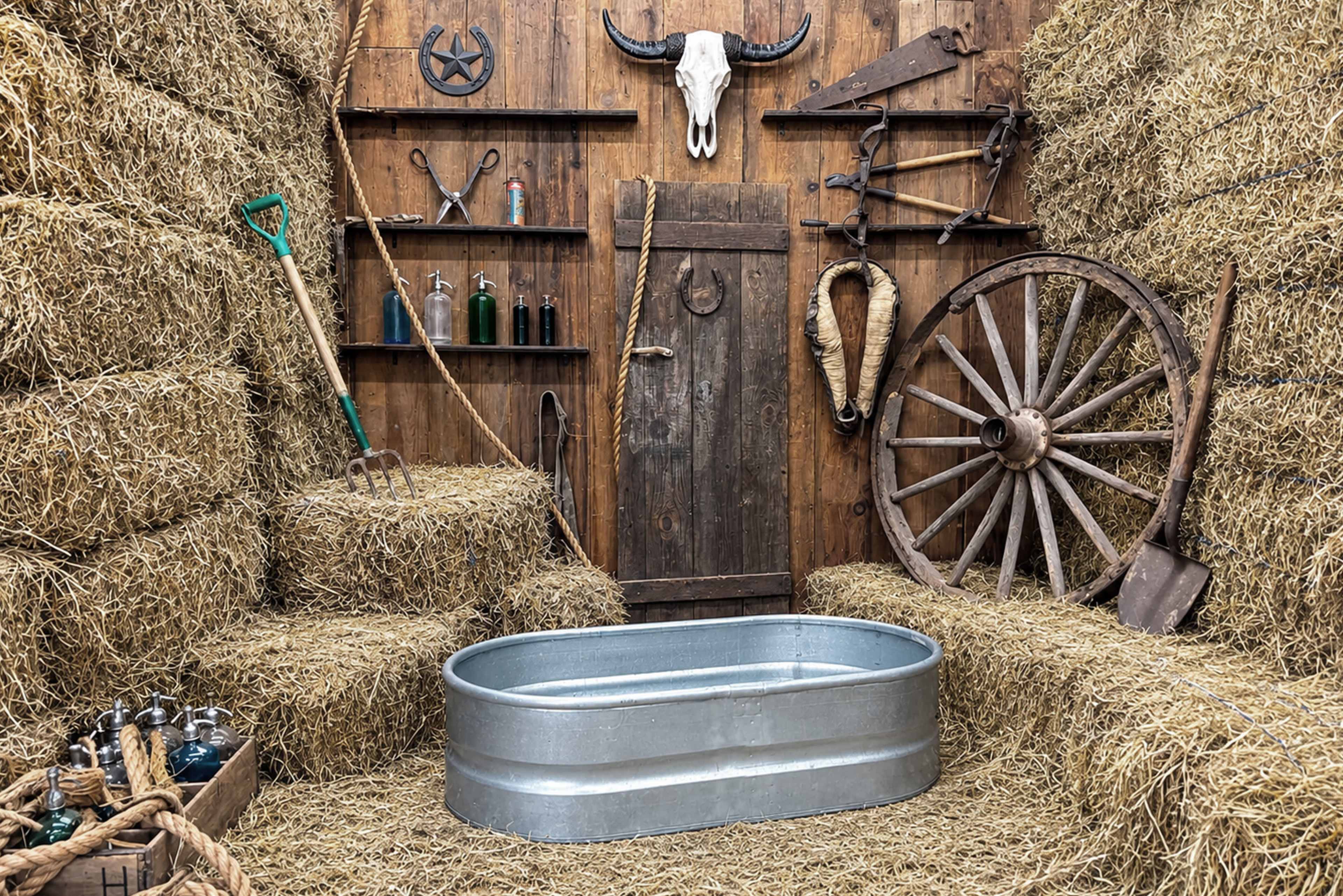 The image shows a rustic room with hay bales, a metal tub, and various farm tools and decorations mounted on the wooden walls.